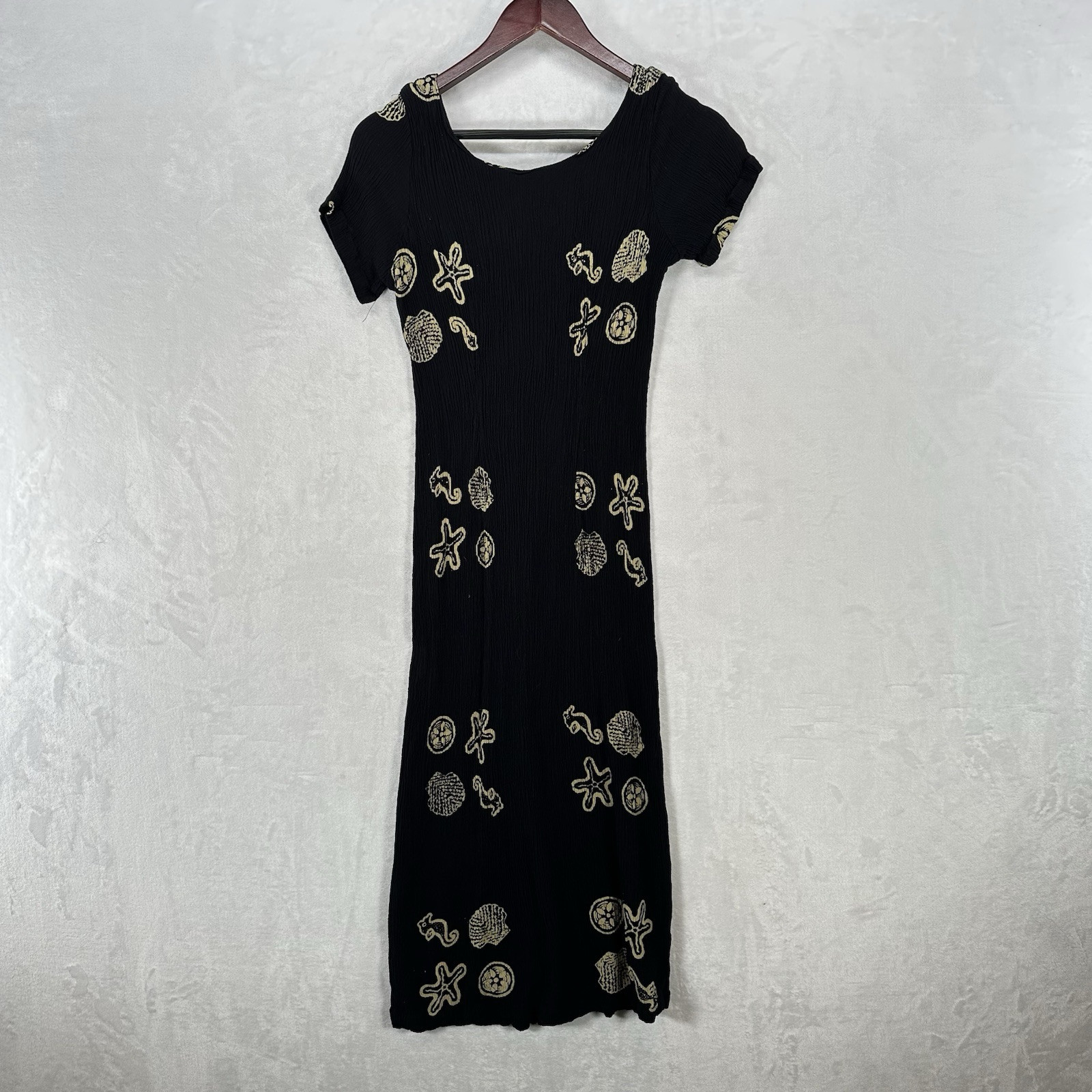 Vintage Pineapple Passion Dress Womens S Black Crinkle Textured Midi 90s Beach