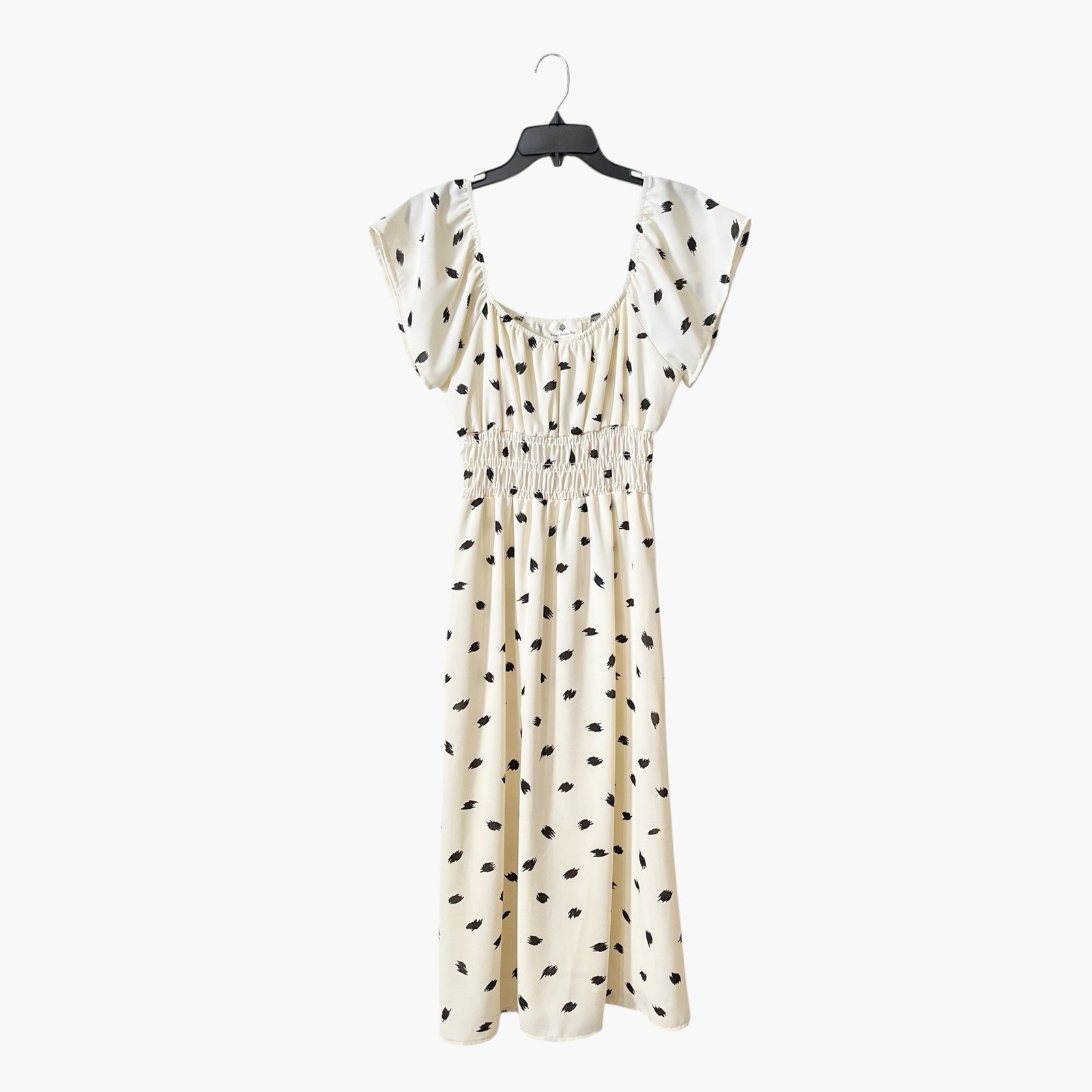 Betseys Boutique Shop Print Dress Women’s Size XS Ivory Fit Flare Midi Short Slv