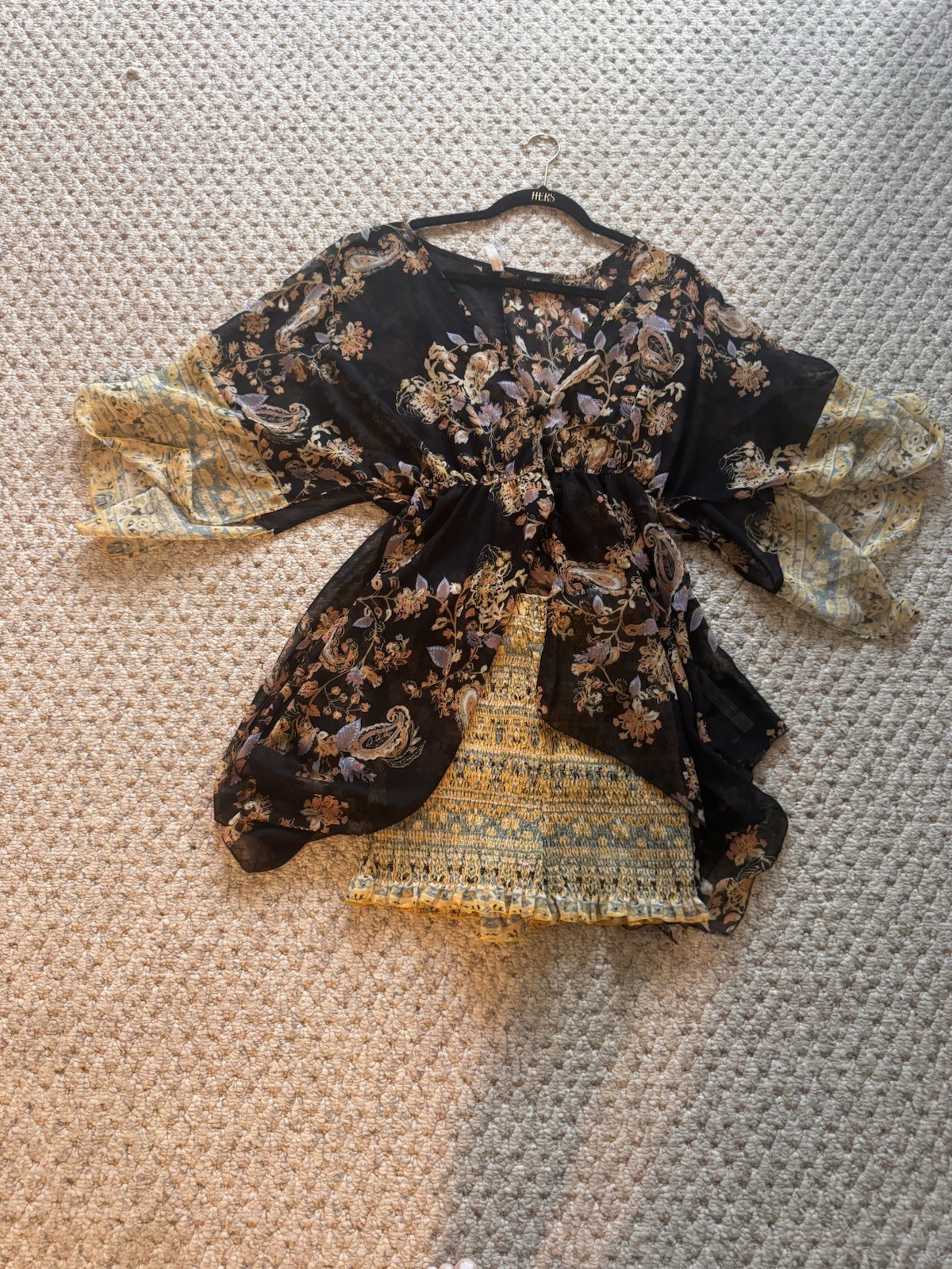 Free People Dream State Set Black Combo Yellow Floral Boho Smocked S NWOT $148