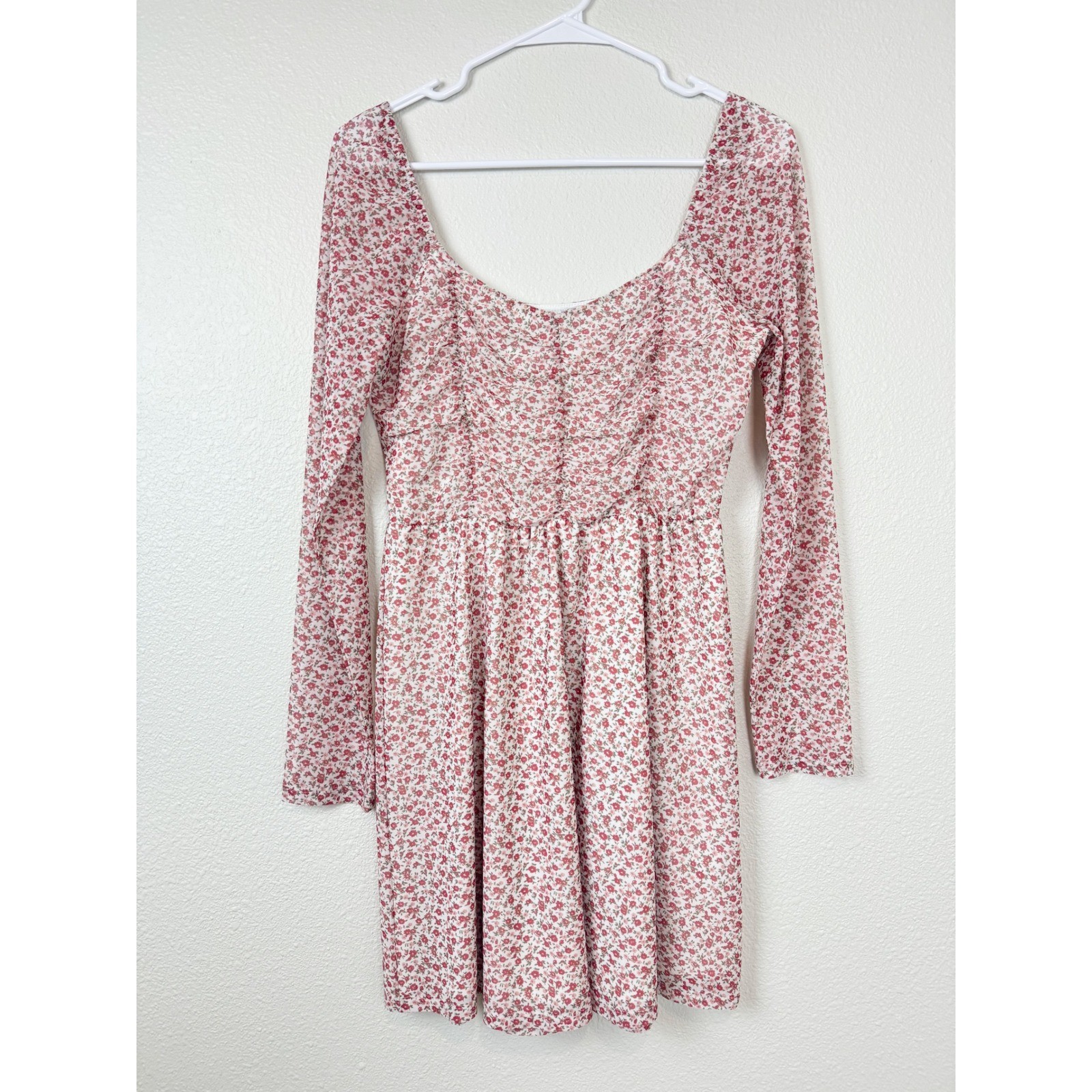 Hollister Floral Mesh Mini Dress Red Pink Sheer Long Sleeve Ruched Bust Medium