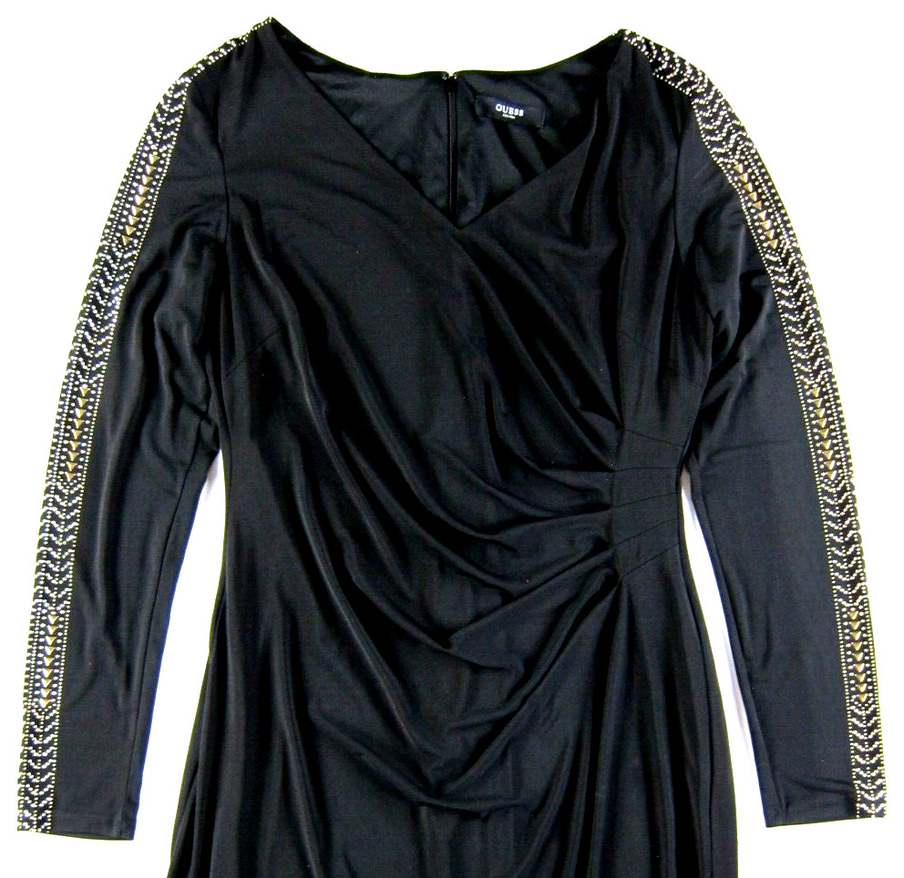 GUESS Black Stretch Ruche Silver Studded Beaded VNeck Long Sleeve Sheath Dress L