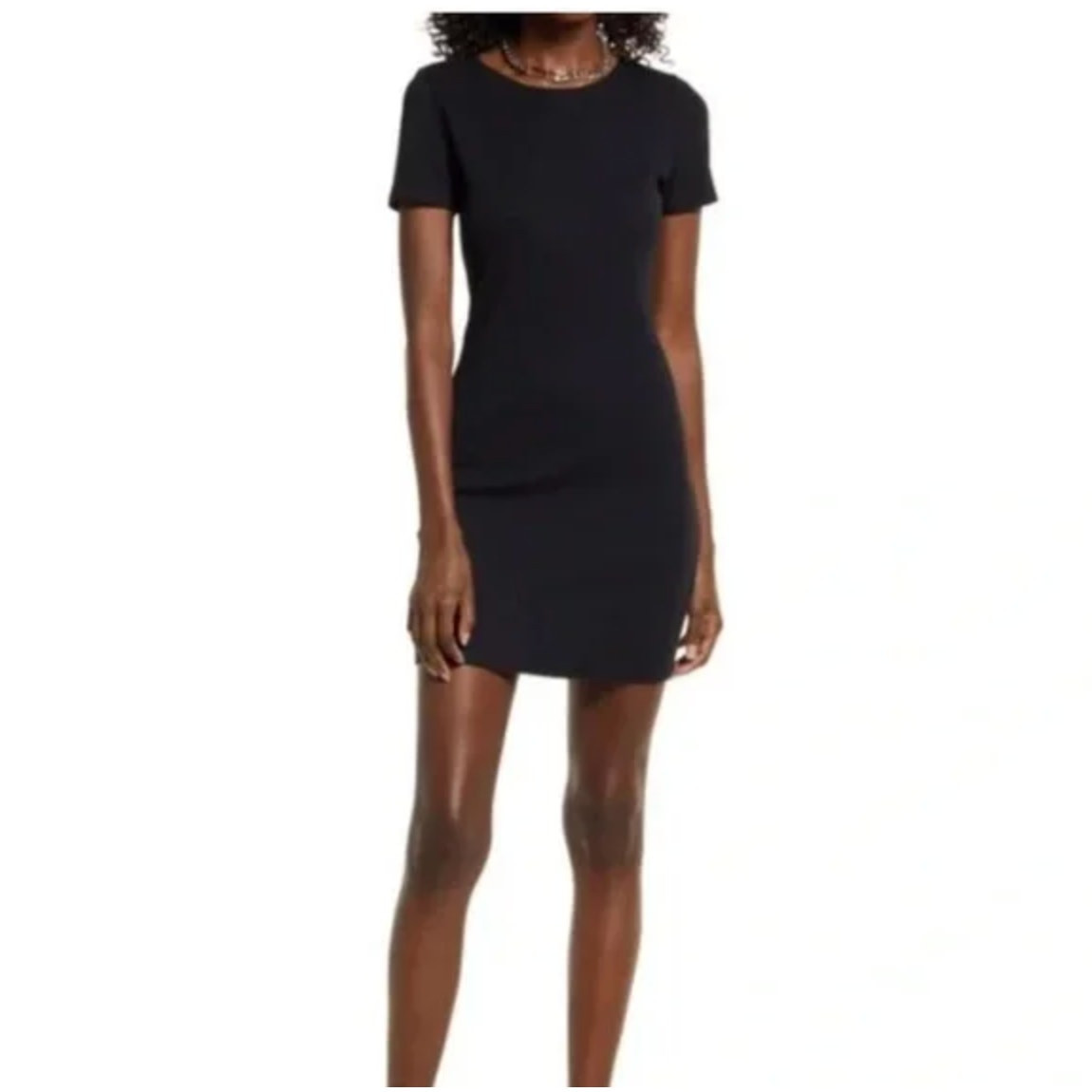 Open Edit Black Ribbed Bodycon Mini T-shirt Dress Size S