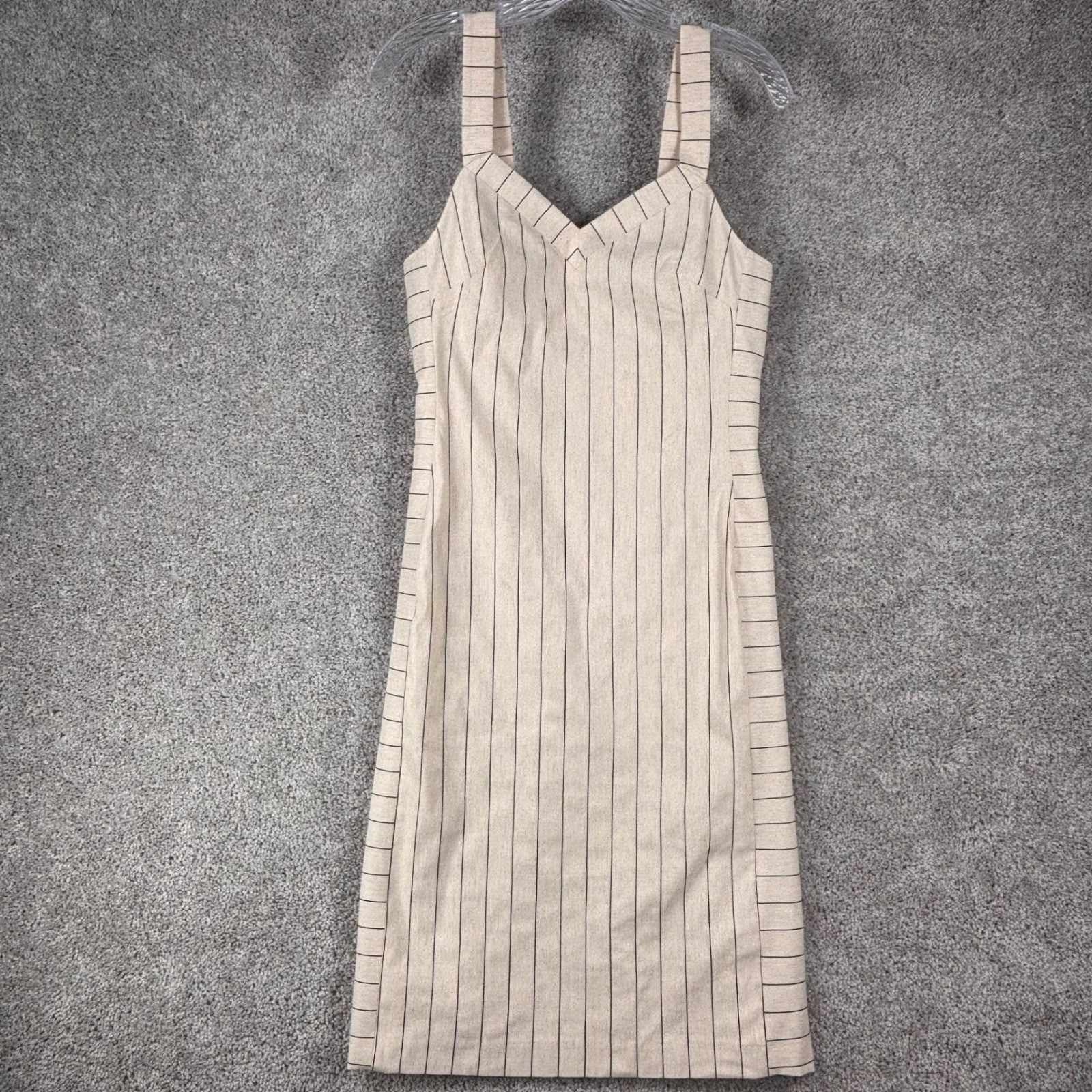 Banana Republic Pinstripe Sheath Dress Beige Linen Blend V-Neck Midi Size 8 NEW