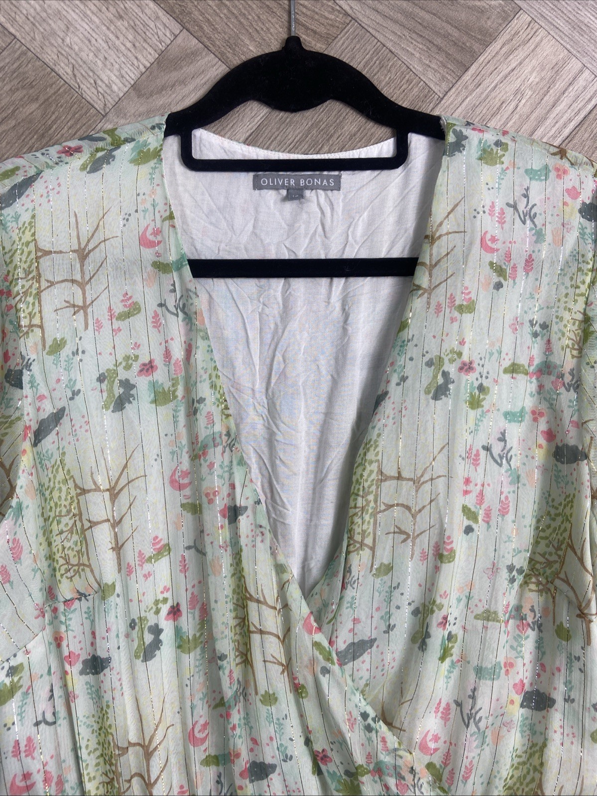 Oliver Bonas Sheer Floaty Leaf Print Midi Dress Ruffle Metallic Detail Size 16