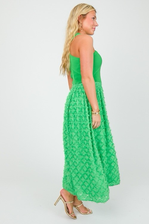 CURRENT AIR Green Apple Goddess Fringed Knit Halter Dress Sz M