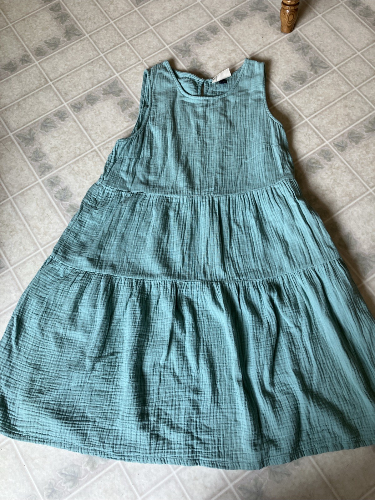 Gauze Loose Euro Summer Dress Sleeveless Tiered Crinkle Cotton Mint Green Medium