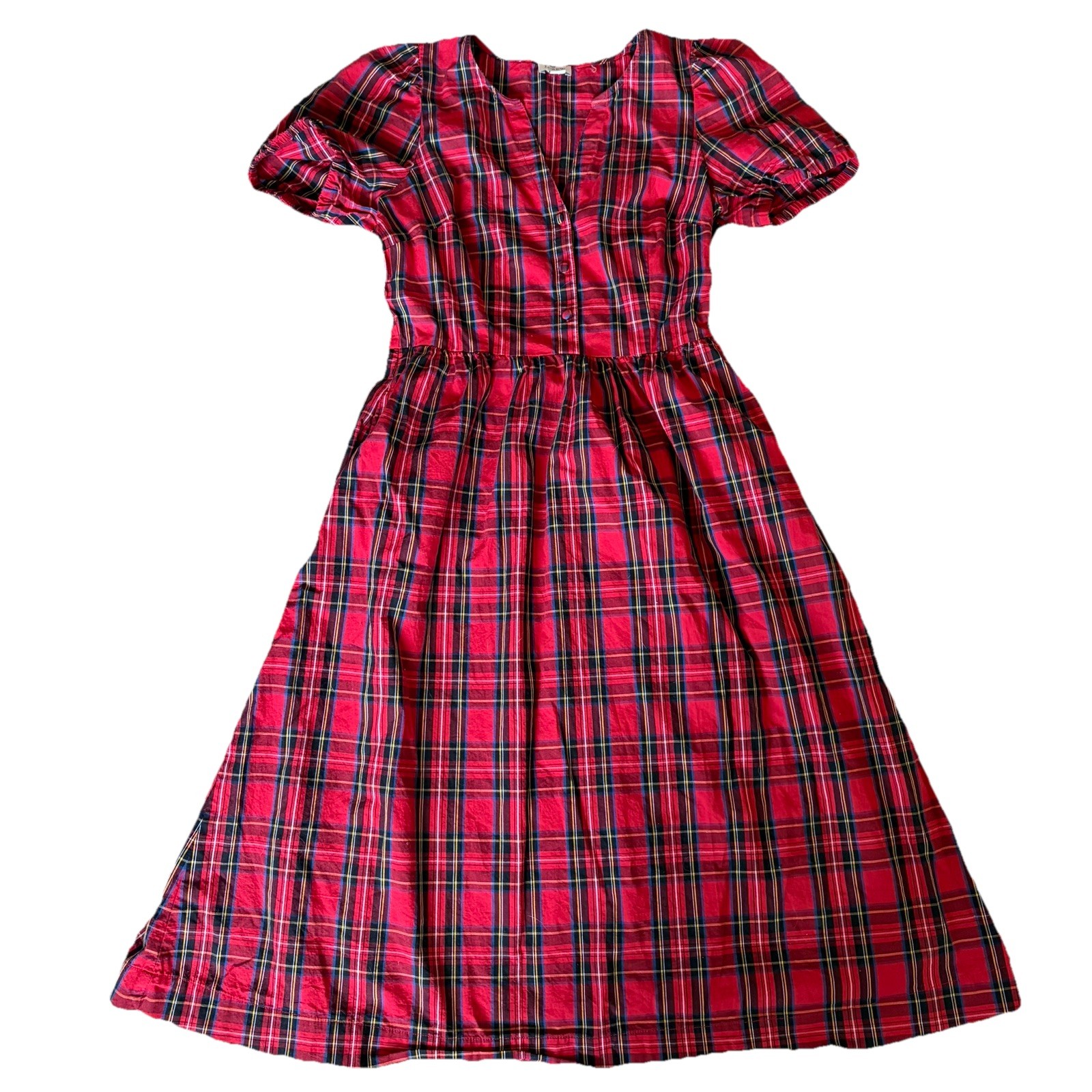 J Crew Red Tartan Plaid Dress Pockets Covered Buttons Puff Sleeves Women’s 4