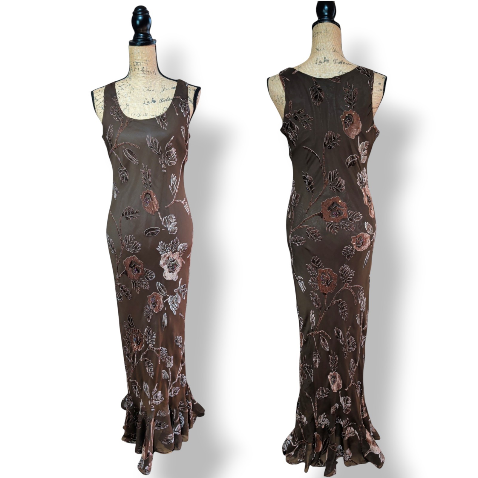 VTG 90s Brown Silk Blend Velvet Burnout Floral Beaded Maxi Mermaid Dress Size L