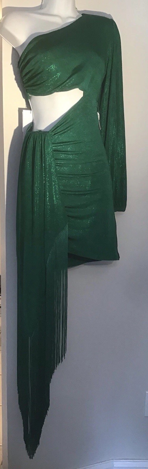 NADINE MERABI ONE SHOULDER MINI DRESS WITH FRINGE DITAIL NIKKI GREEN DRESS S/M