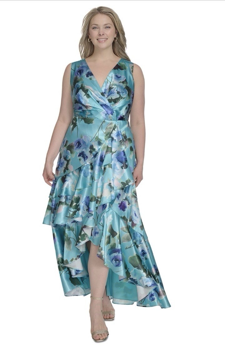 NWT Eliza J aqua floral satin high low ruffle hem surplice bodice dress