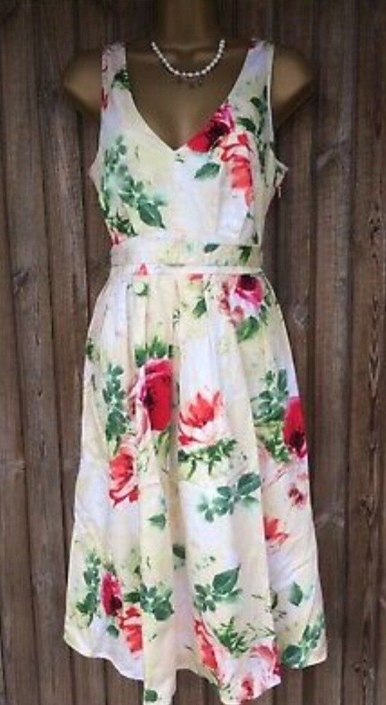 Occasion Floral Organza Summer Dress 50s Style Papaya Yellow/pink Size 10 BNWT