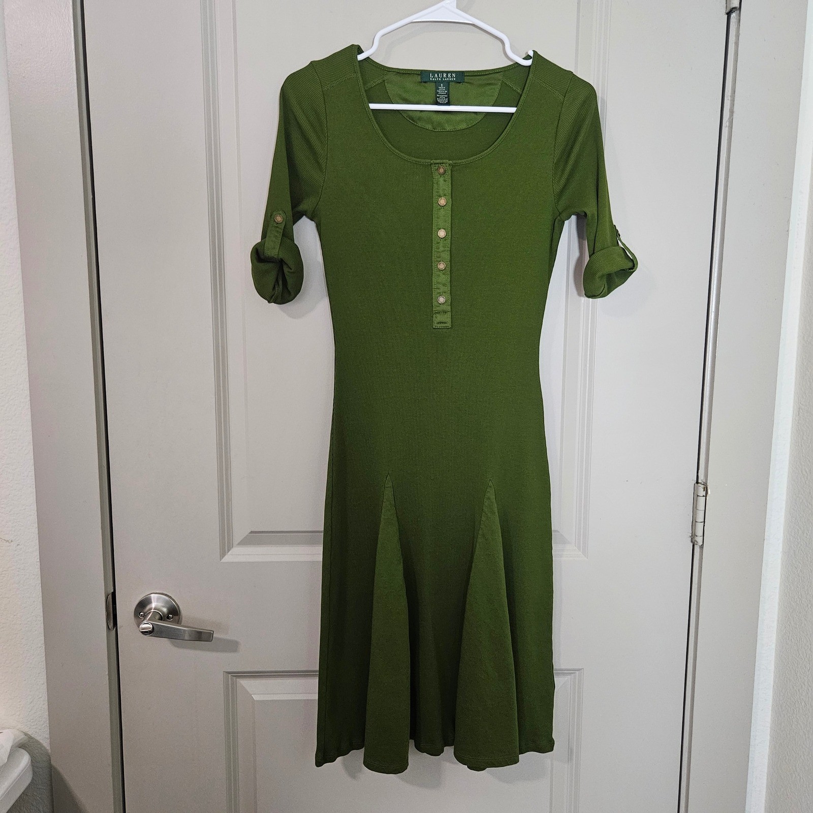 Lauren Ralph Lauren Olive Green Ribbed Henley Dress Roll Tab Sleeve Womens S