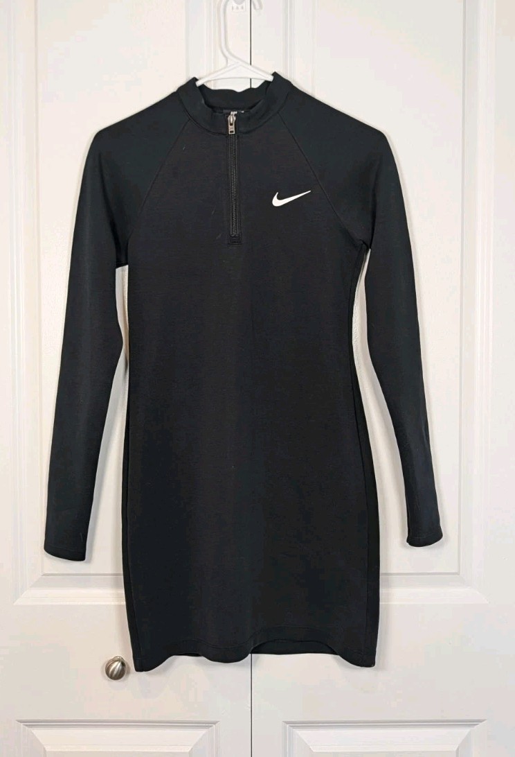 Nike Black Long Sleeve Half-Zip Athletic Mini Dress White Swoosh NWT Size S