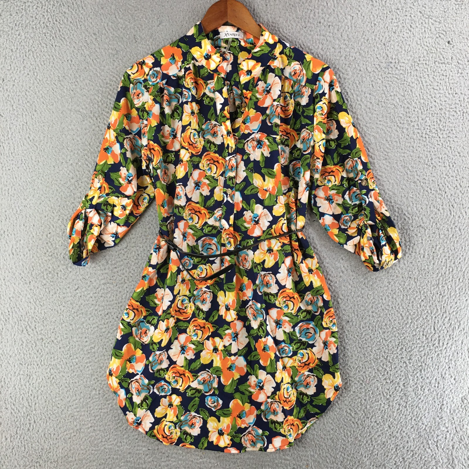 Xtaren Dress Womens M Belted Shirt Tunic Floral Boho Midi Career Multicolor