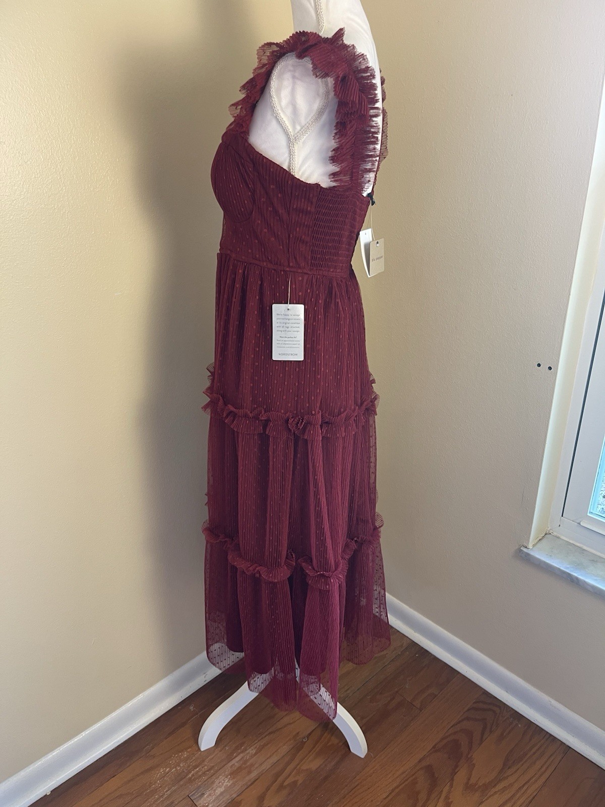 Whimsy Goth Burgundy Mesh Bustier Midi Dress M Swiss Dot Tiered Skirt Fairycore