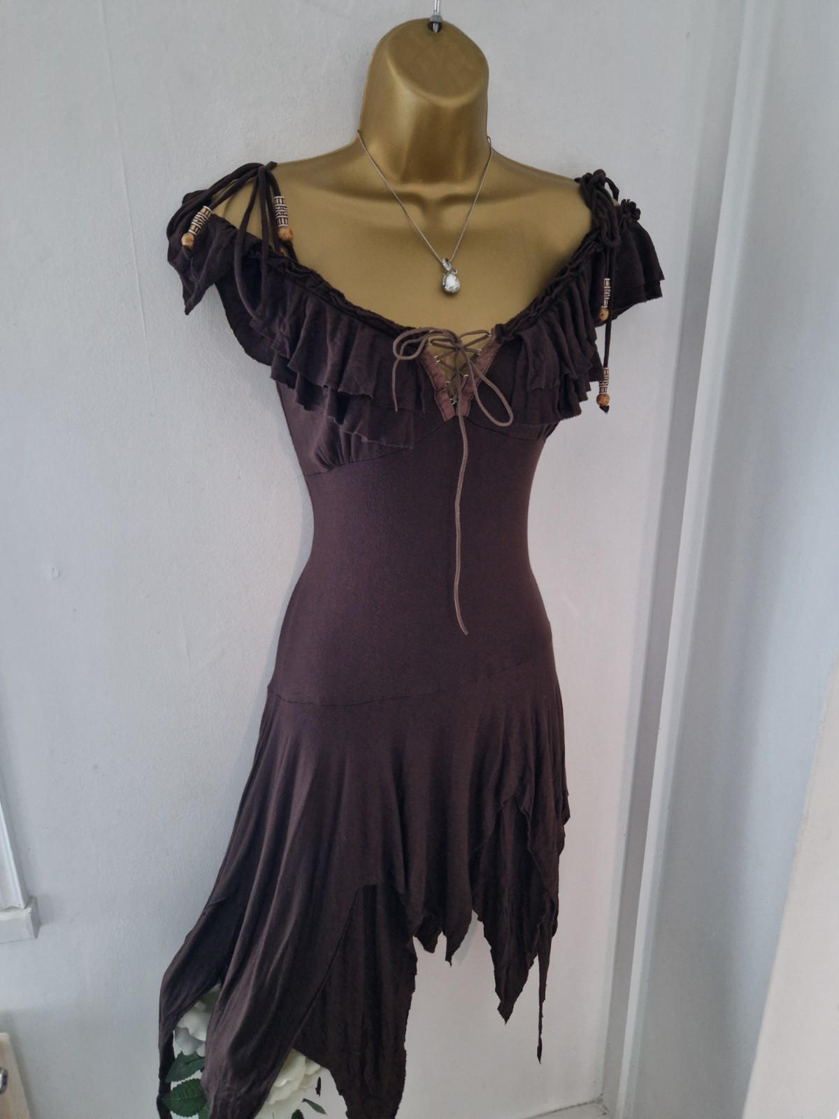🤎 Rare Stunning Jane Norman Brown Milkmaid Fairy Boho Dress 10/12 🤎