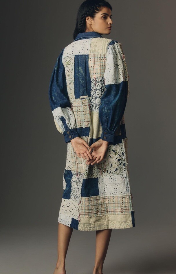 Anthropologie Let Me Be Denim Patchwork Shirt Dress Coat Lace Blue Motif S NEW