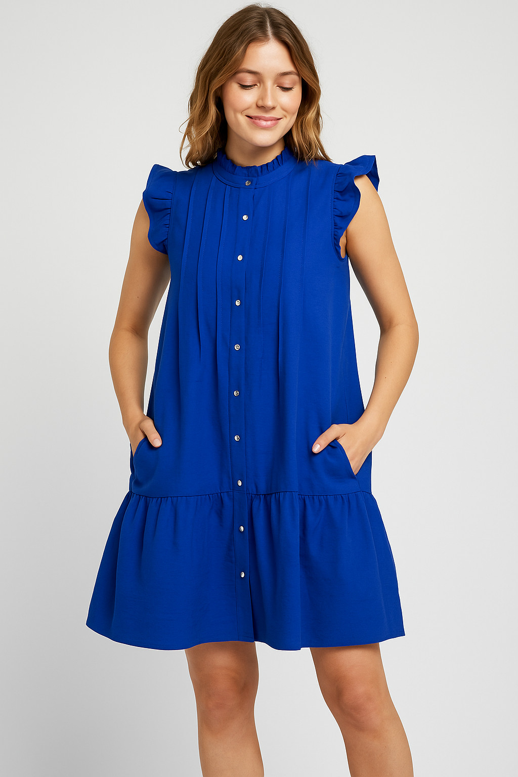 NWT Maia Women’s Cobalt Blue Smock Shift Dress, Slip, Ruffled Neck & Sleeves, 10