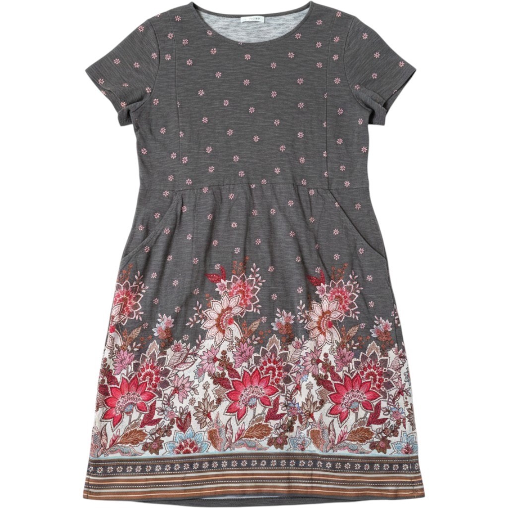 J. Jill Floral Slub Knit Dress Medium Petite Gray Pink Pockets Boho Cottagecore