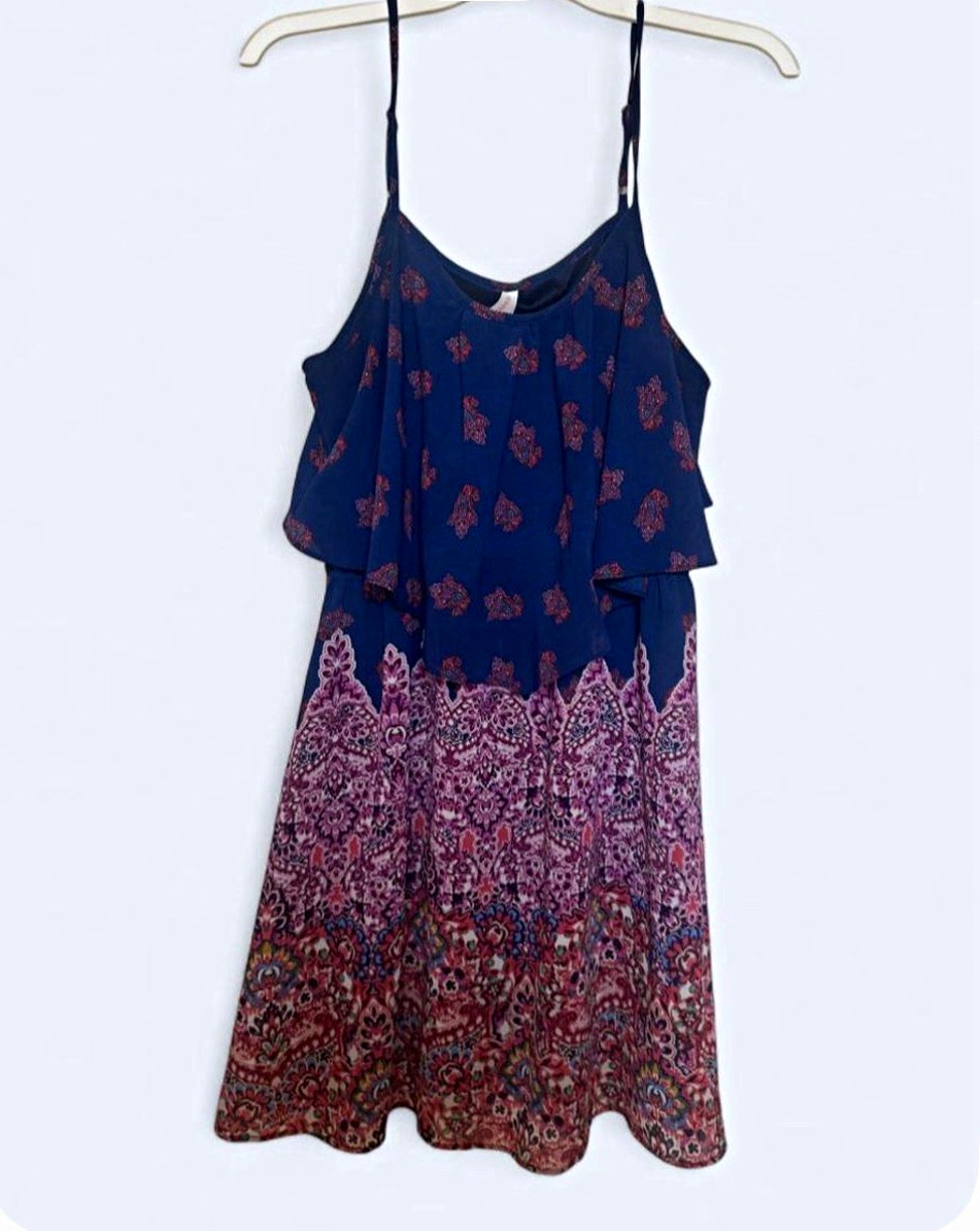 Xhilaration Blue Pink Paisley Sundress Knee Length Lined Adjustable Straps L/G