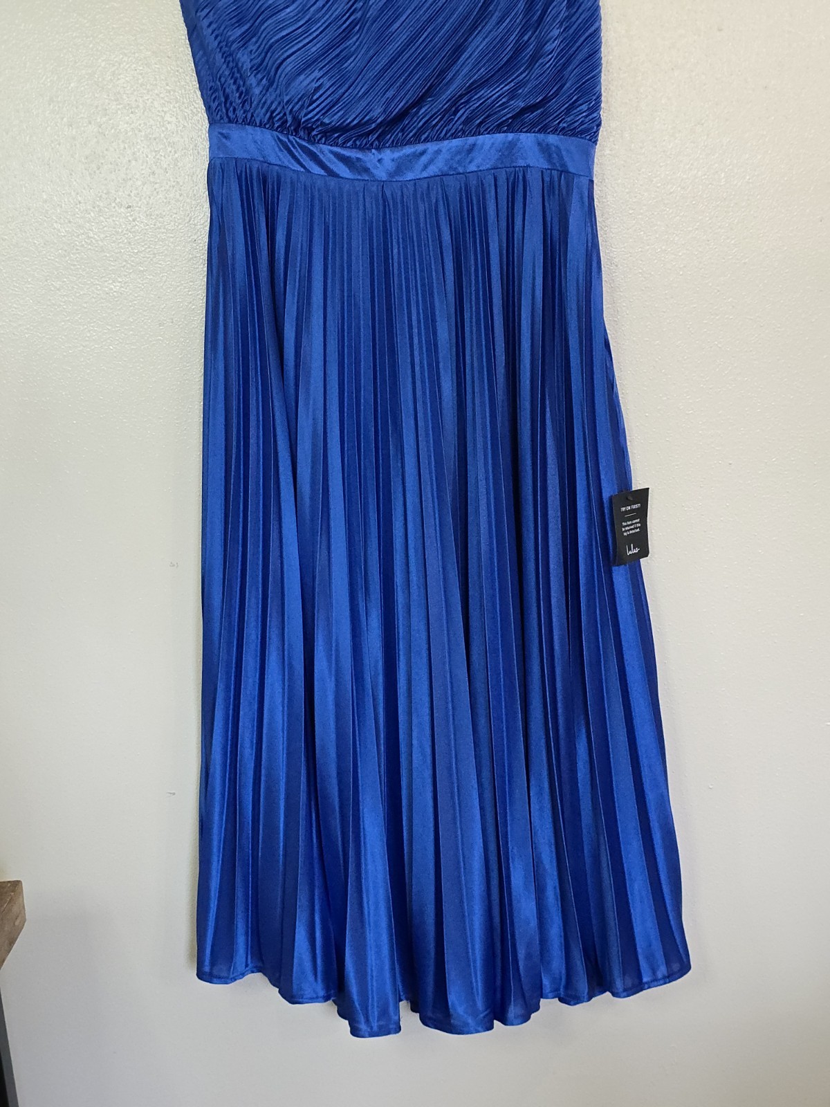 Lulus Alluring Marvel Royal Blue Satin Pleated One Shoulder Midi Dress Women’s L