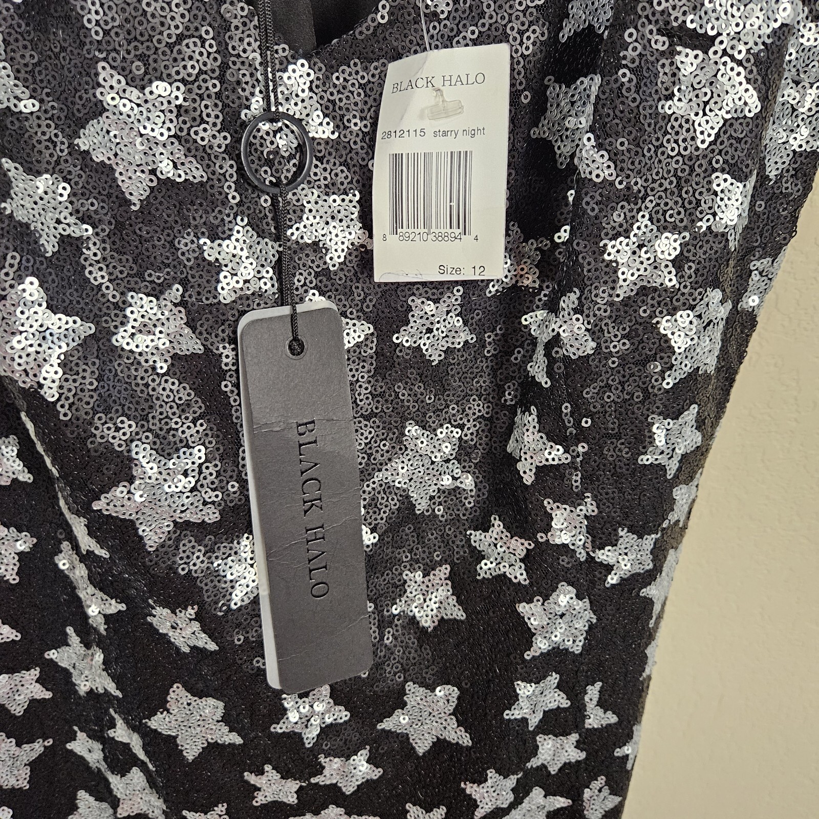 Black Halo Amorie Sequin Dress 12 Starry Night Party Mini Cocktail Black Silver