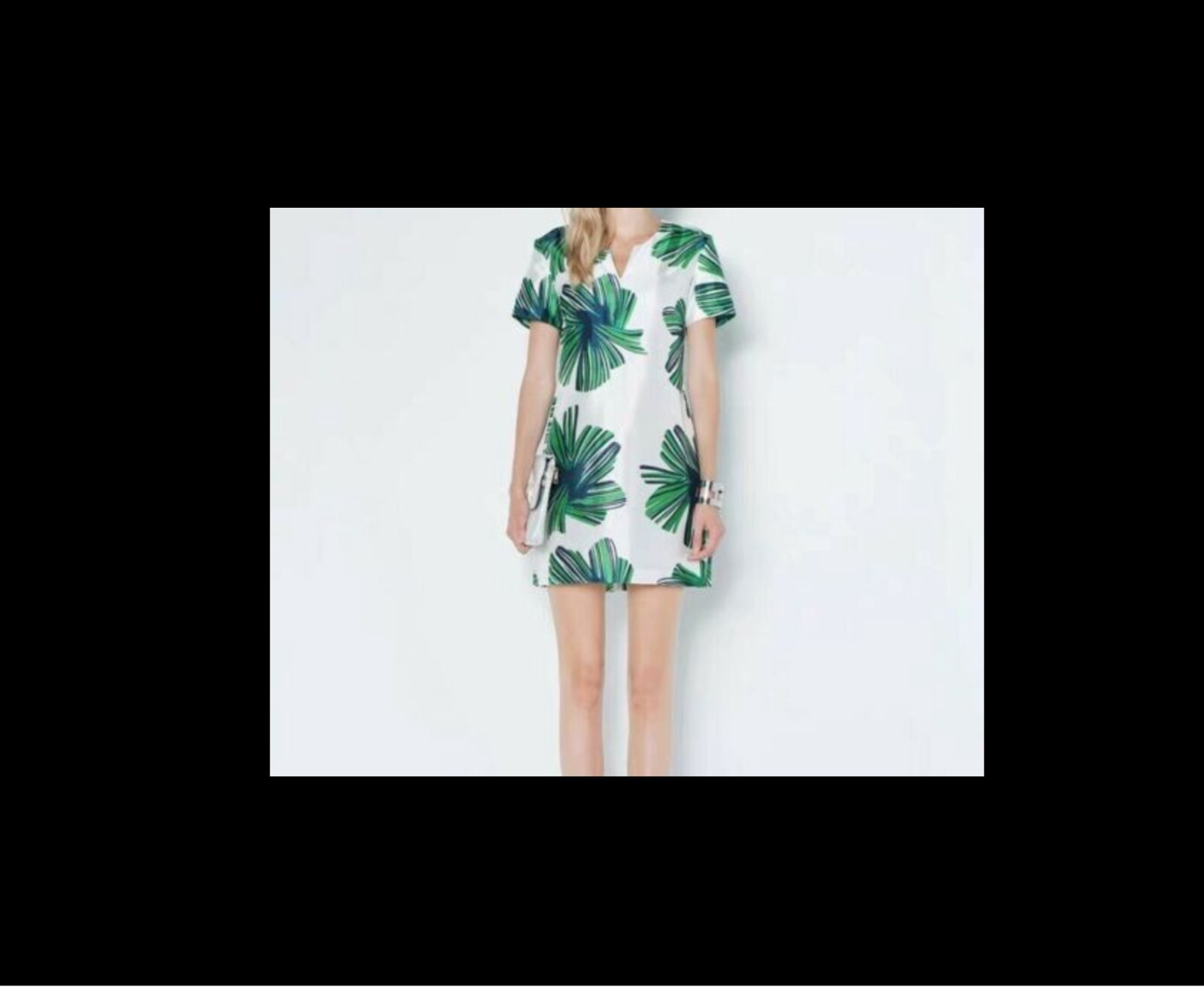 Green Palm Leaves White Print Mini Dress Elegant Women Short Skirt M S 8 10