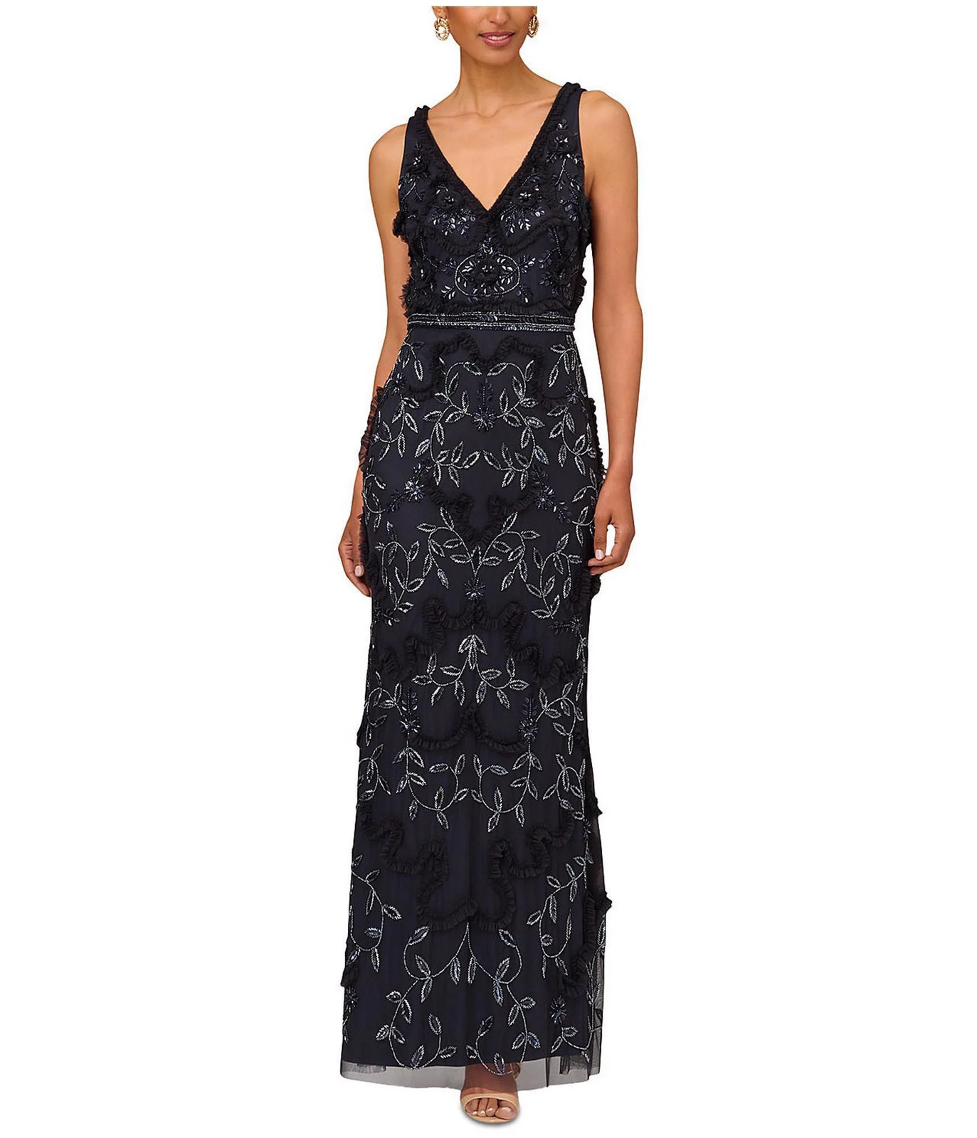 Aidan Mattox Womens Beaded Ruffle Sleeveless V Neck Gown Dress, navy, 8