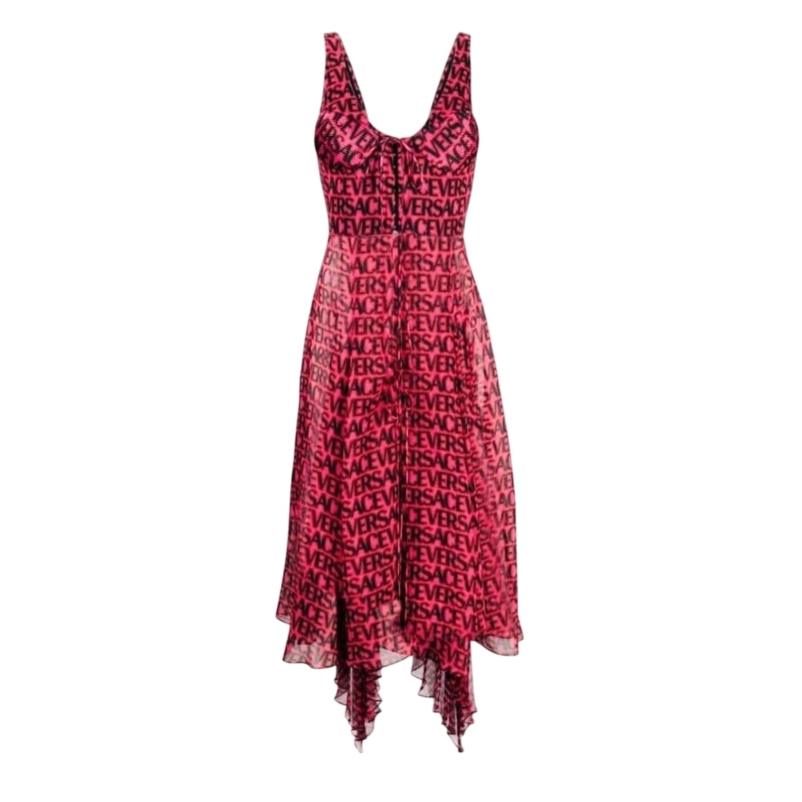 NWT Versace Runway Plisse Silk Dress IT 38 US 2 All Over Logo Red Black $5,425