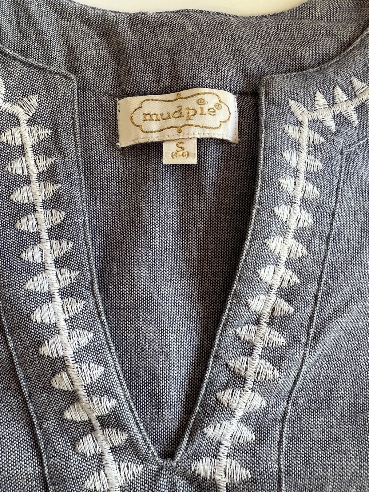 MUD PIE Chambray Cotton Short Sleeve Embroidered Eyelet Shift Summer Dress S