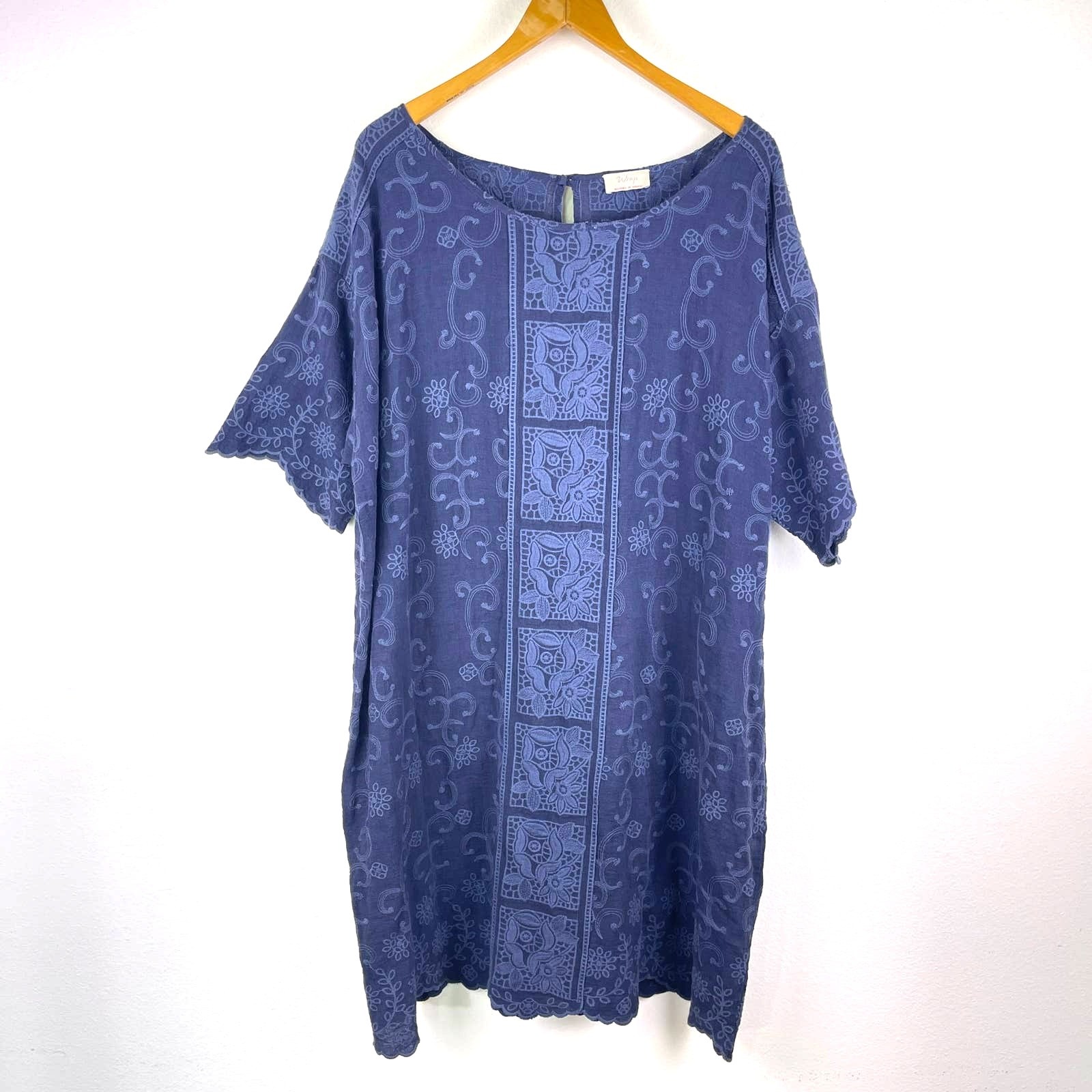 WRAP London Blue Linen Floral Embroidered Short Sleeve Dress Women’s US 18 UK 22
