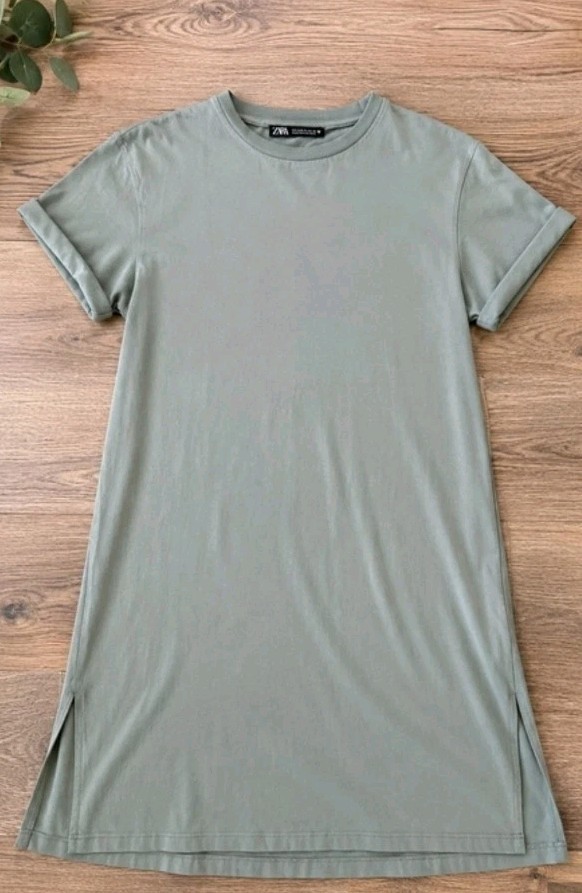 Zara Sage Green T-Shirt Dress | 100% Cotton | Size Small | Side Slits
