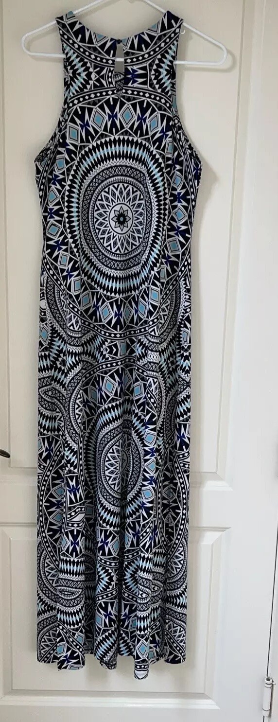 INC International Concepts Geomagnetic Sleeveless Maxi Dress Blue White Black L