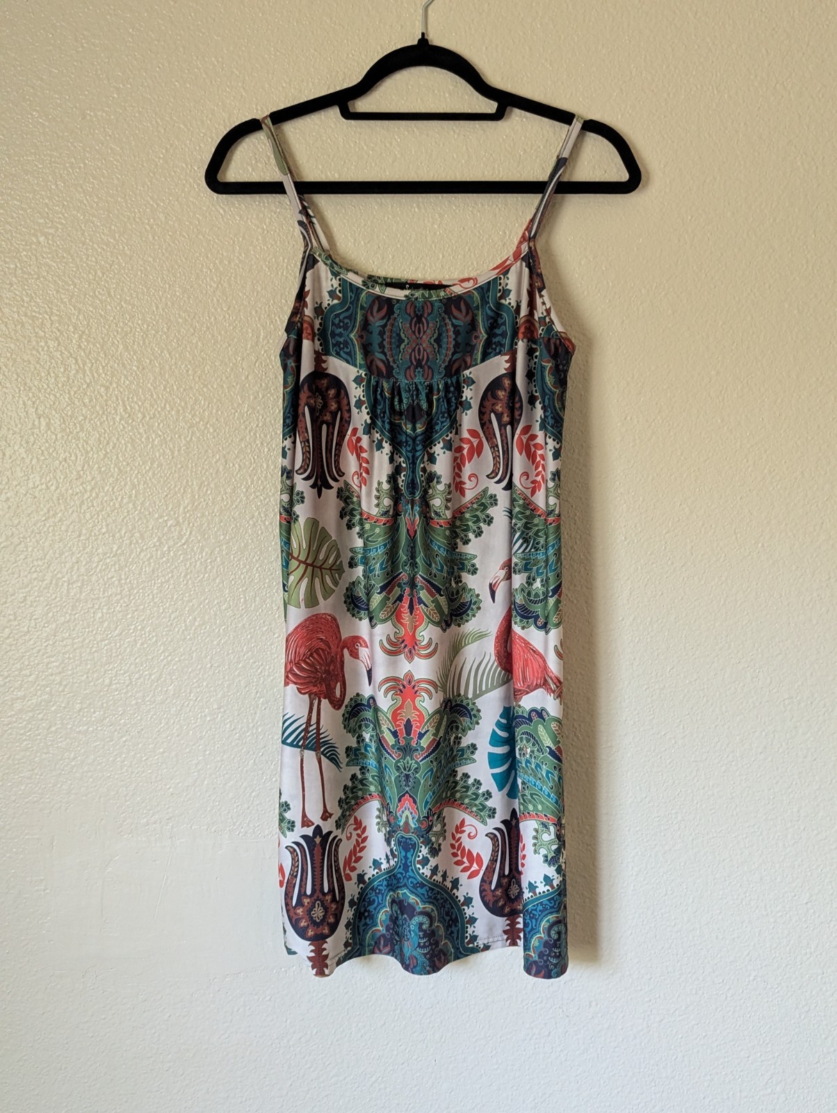 Tropical Leaf & Flamingo Print Midi Dress Spaghetti Strap Boho Medium