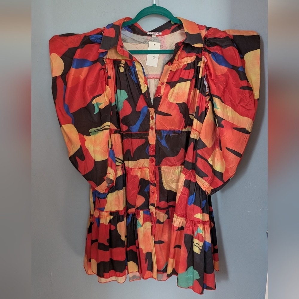 🆕 Madrag Funky Retro Abstract Puff Sleeve Mini Dress Large