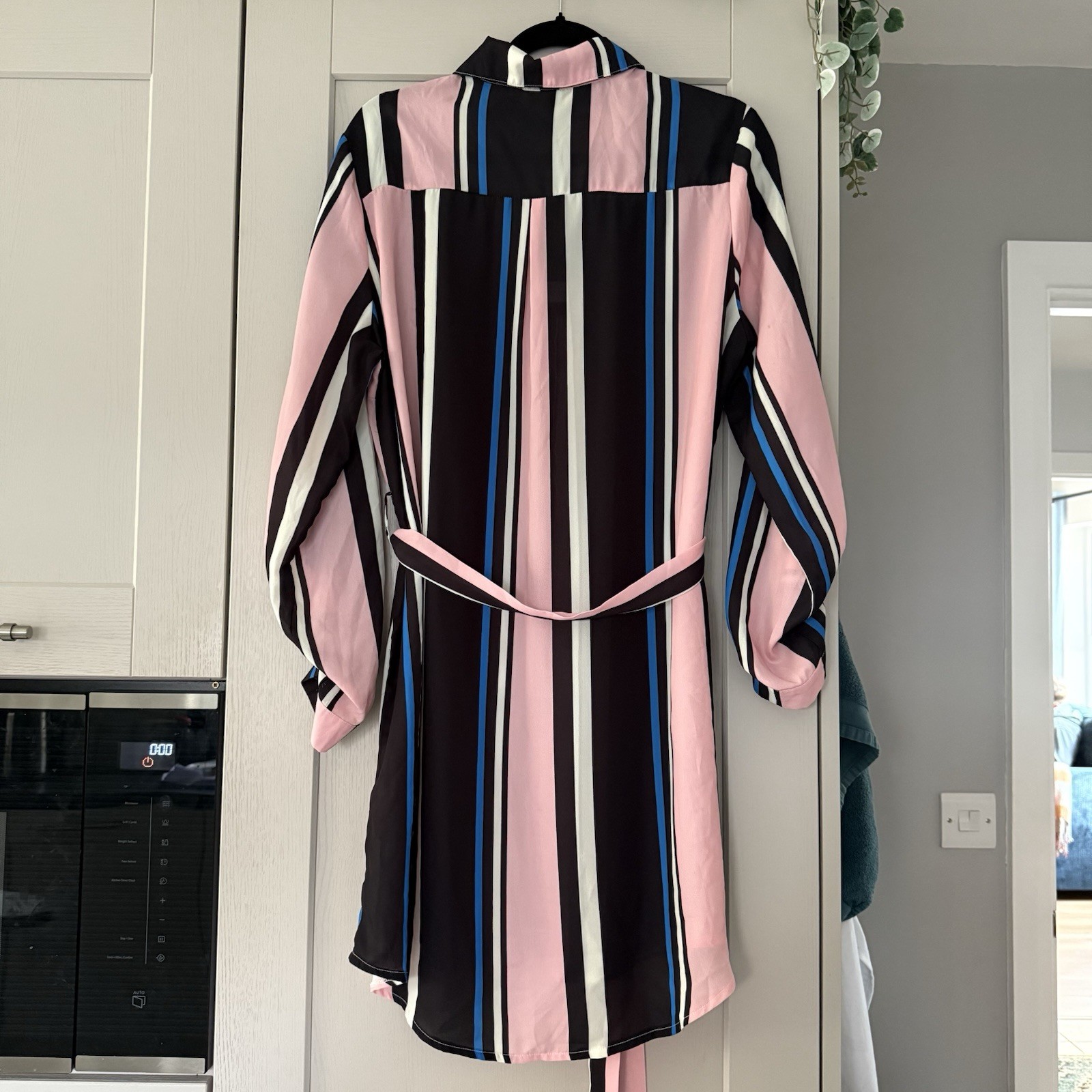 Exhibit Black Pink Blue Striped Shirt Dress UK 16 BNWT Tie Belt Roll Tab Sleeves