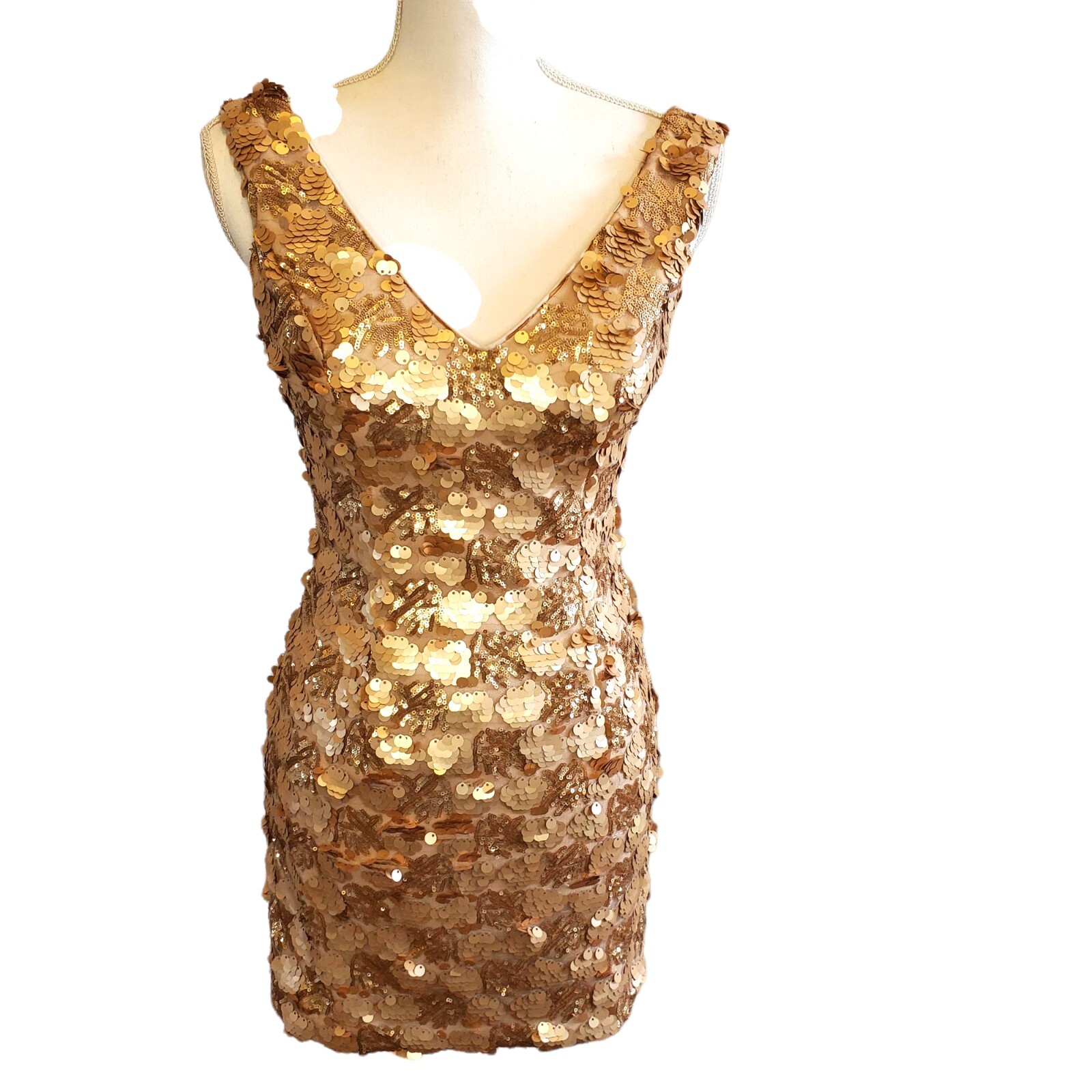Women Size 2 Bodycon Dress Gold Sequin Party Low Back Formal