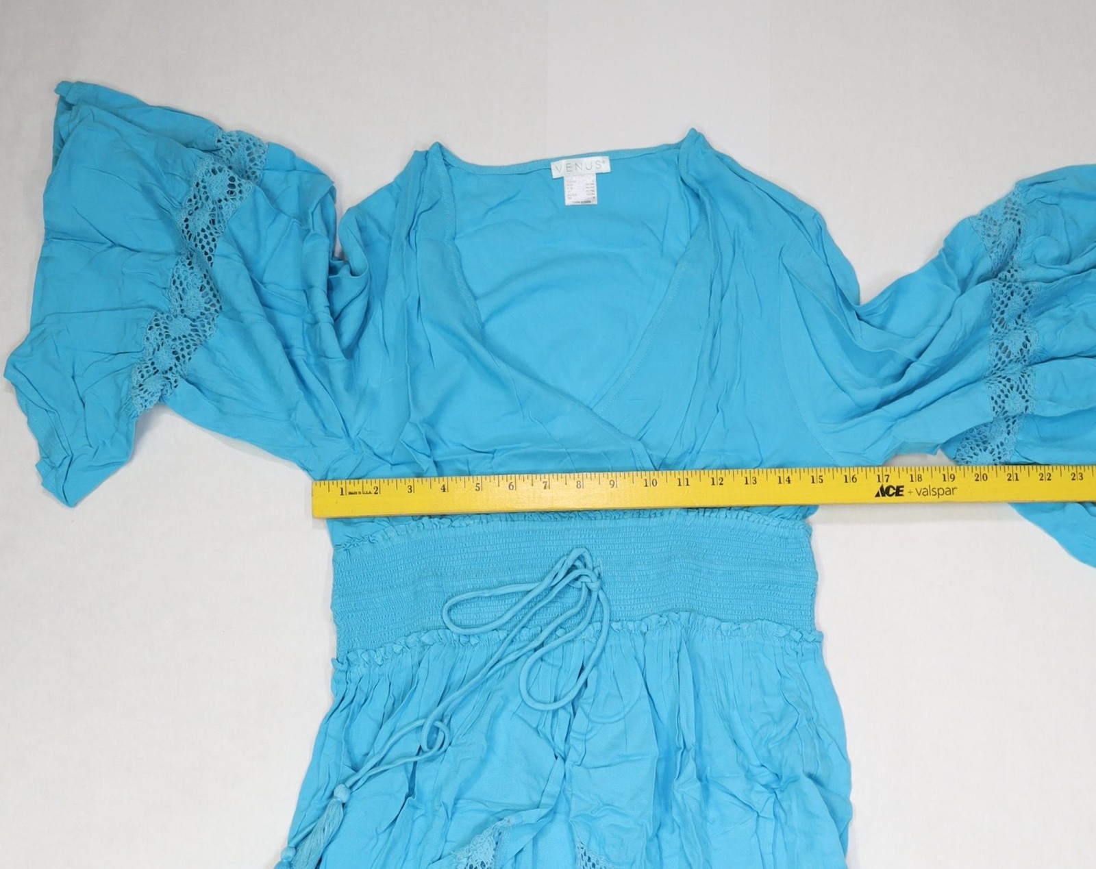 VENUS Dress Womens Large Blue Boho Crochet Bell Sleeve High Low Ruffle V Neck