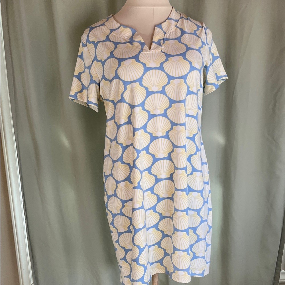 NWT Sailor sailor Seashell Print Notch-Neck Shift Dress Light Blue Yellow Cream
