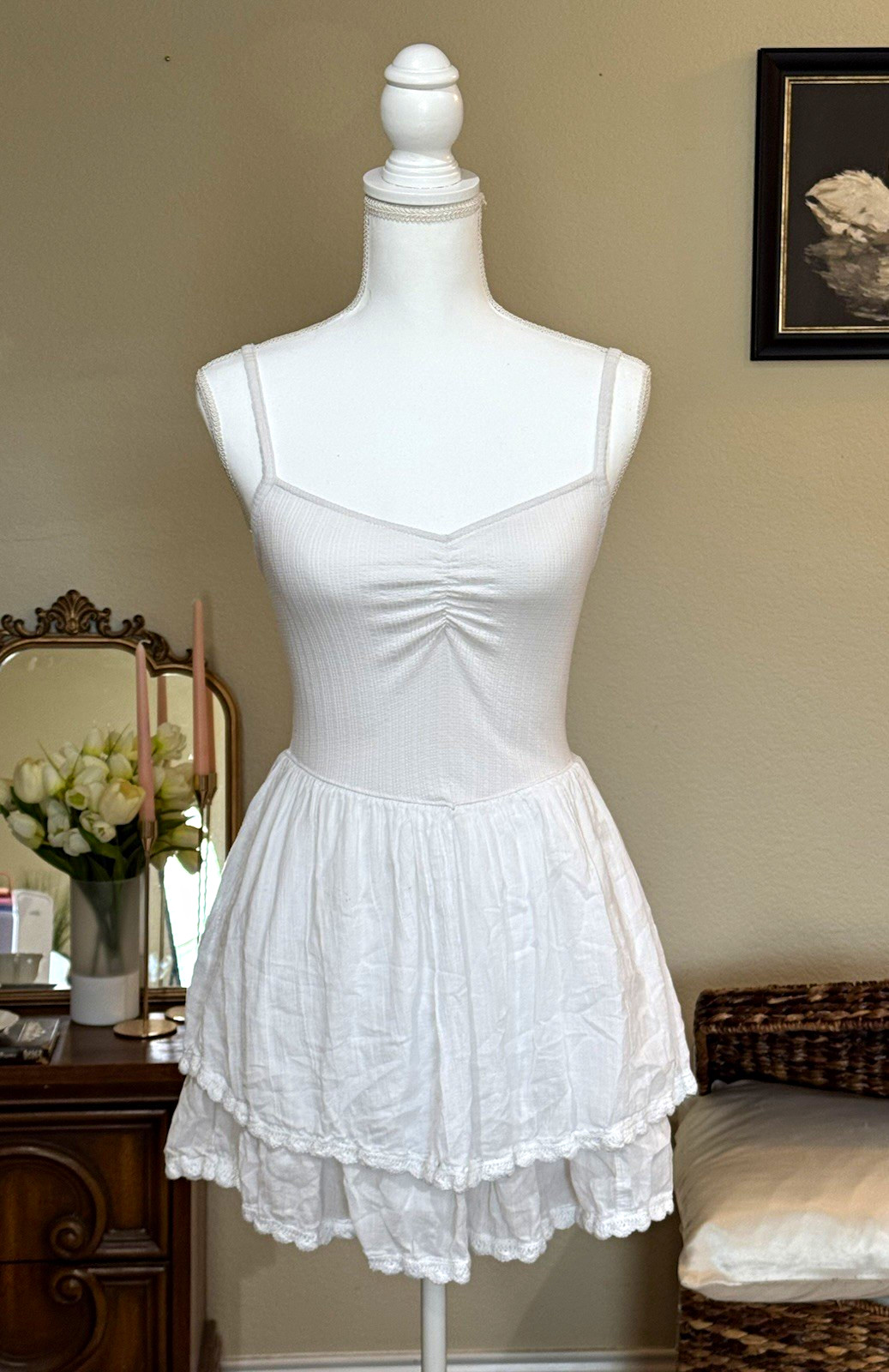 aerie White Ribbed Knit Mini Dress V-Neck Adjustable Straps Ruffle Hem XS/TP