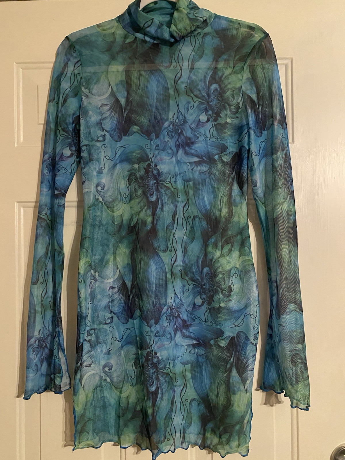 Sexy See through Mesh Mini Summer Dress Ethereal Print Sheer Y2K Cyber Grunge L