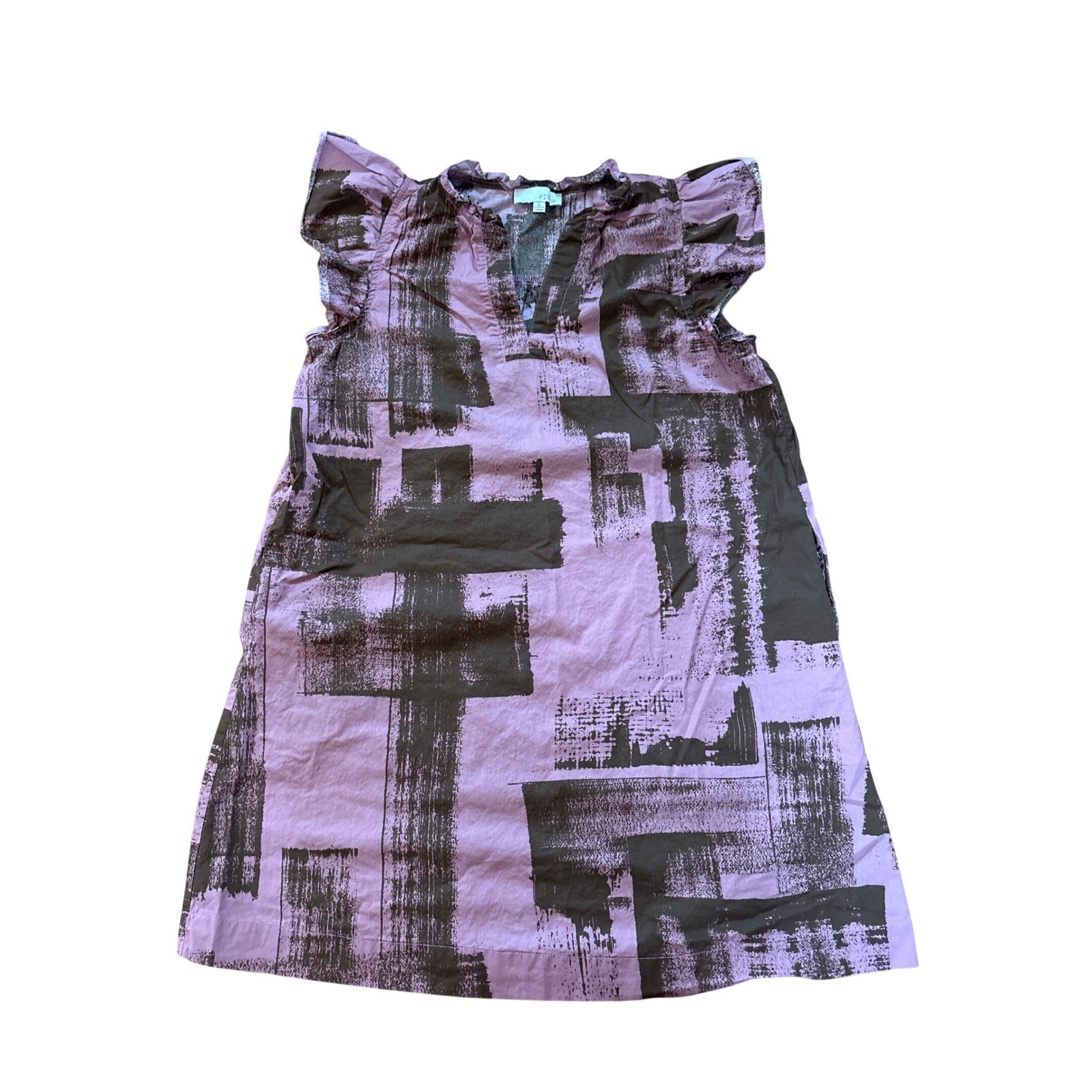 PINCH Abstract Print Shift Dress Women Purple Brown Flutter Sleeve Pocket SIZE L