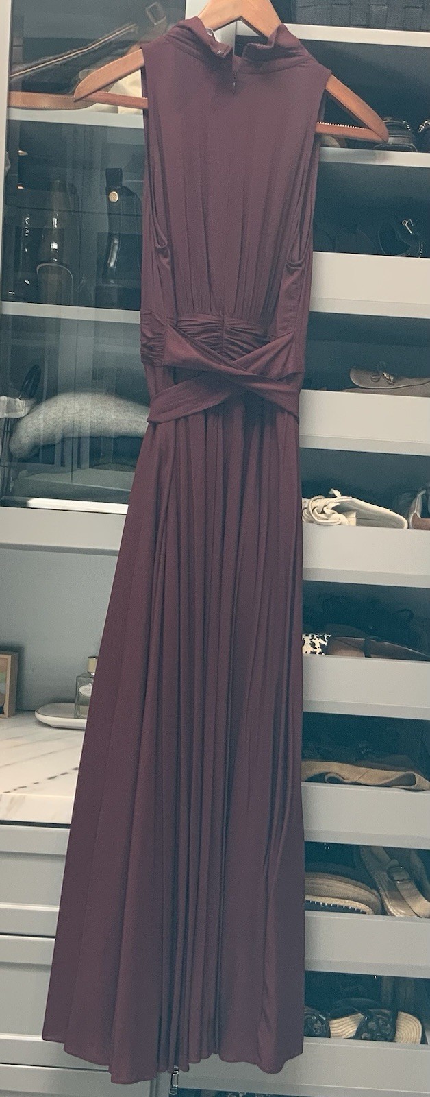 BR Womens Sleeveless Burgundy Long Ruched High Neck Solid Maxi Dress Zip Size 2