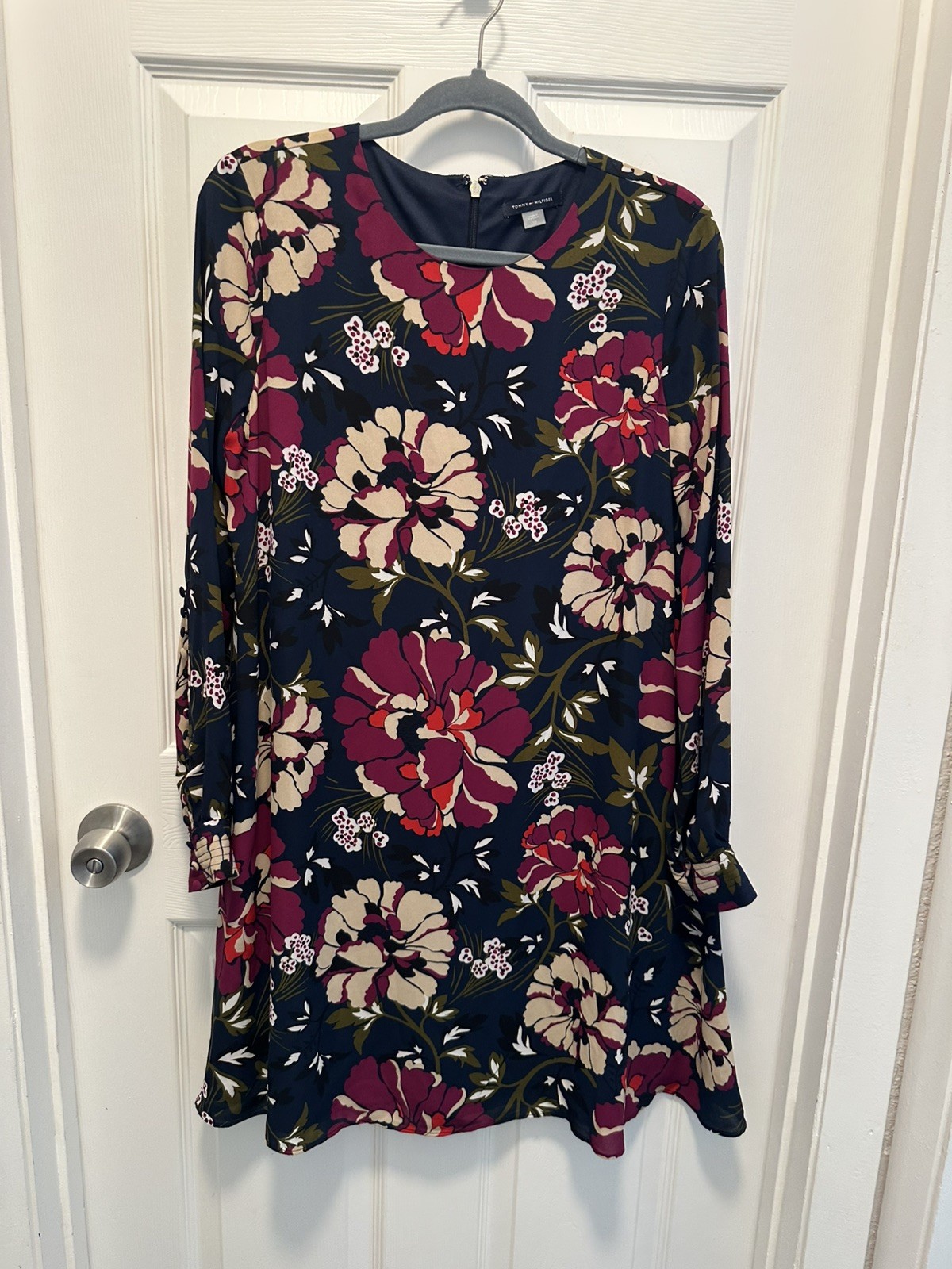 Tommy Hilfiger Womens Blue Floral Print Chiffon Long Sleeve A-Line Dress 10