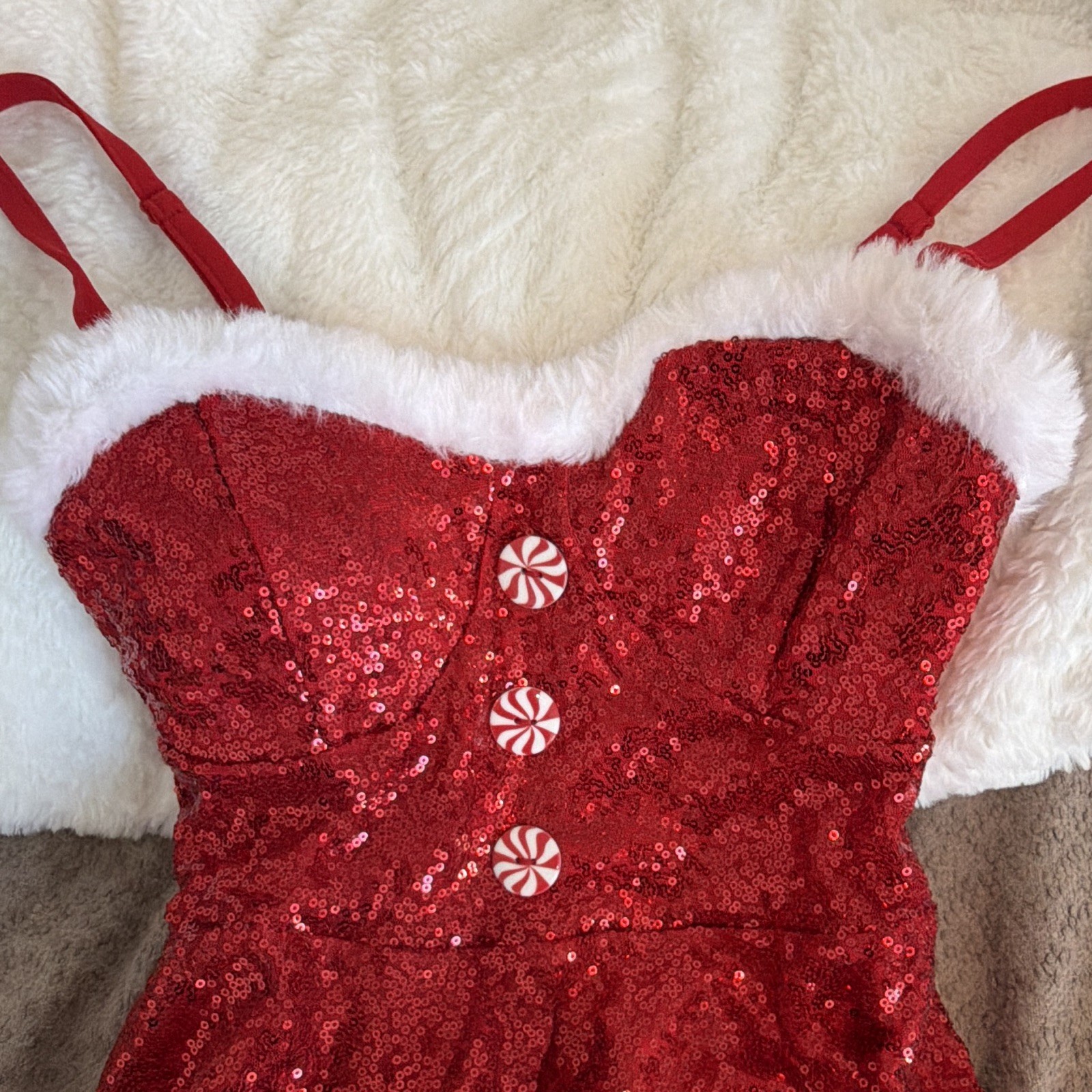 Red Sequin Santa Faux Fur Trim Mini Dress Sweetheart Zip Lined Women’s S