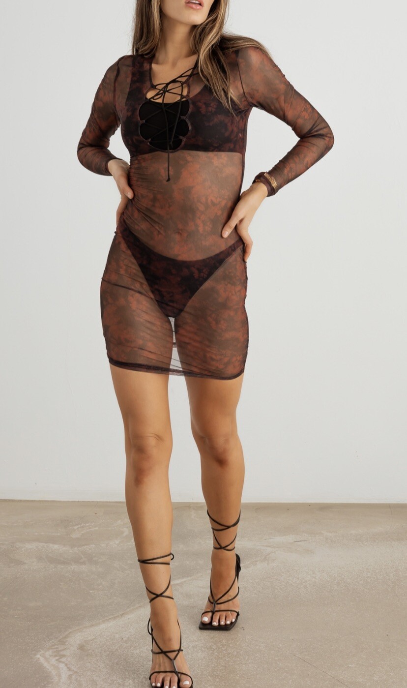 Biege & Mocha Abstract Mesh Lace-Up Neck Long Sleeve Mini Dress Semi-sheer Tunic