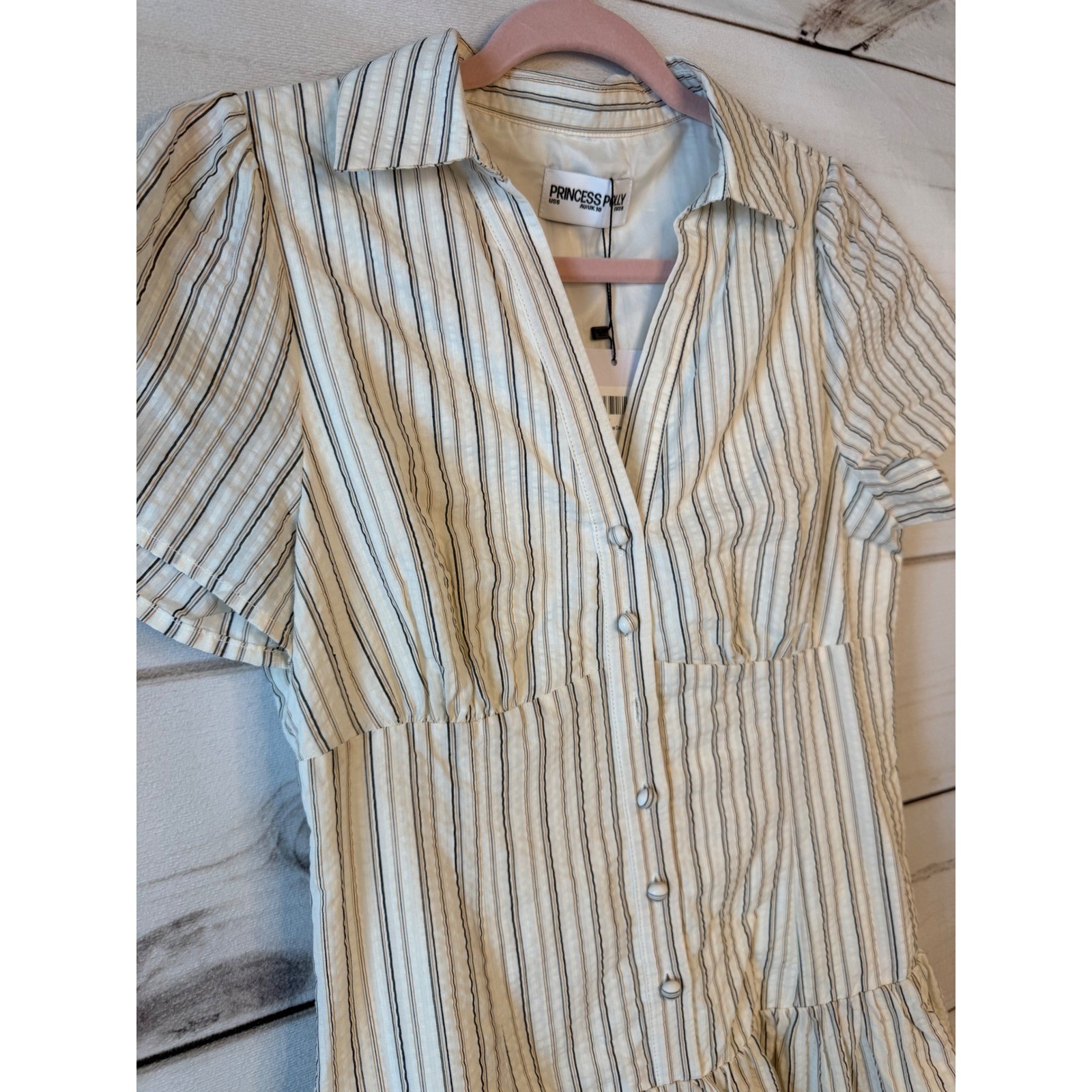 Princess Polly Windswept Shirt Mini Dress Cream Black Stripe US 6 NWT