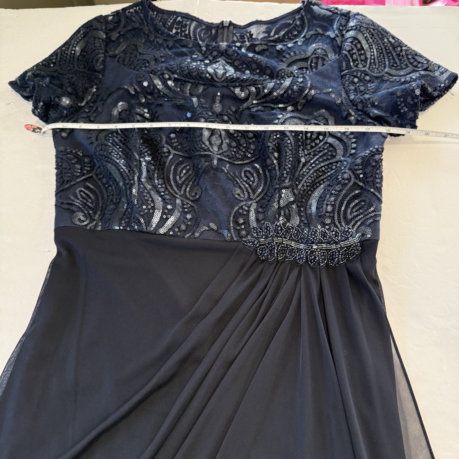 Alex Evenings Navy Blue Sequin Draped Short Sleeve Maxi Dress Size 10 Wedding