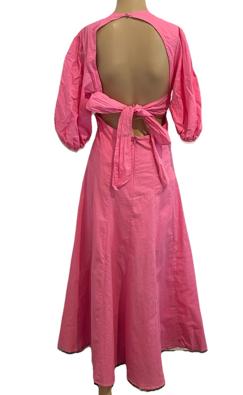 All About May Womens Pink Linen Midi Dress Back Cut Out Puff Sleeve Size 10 New