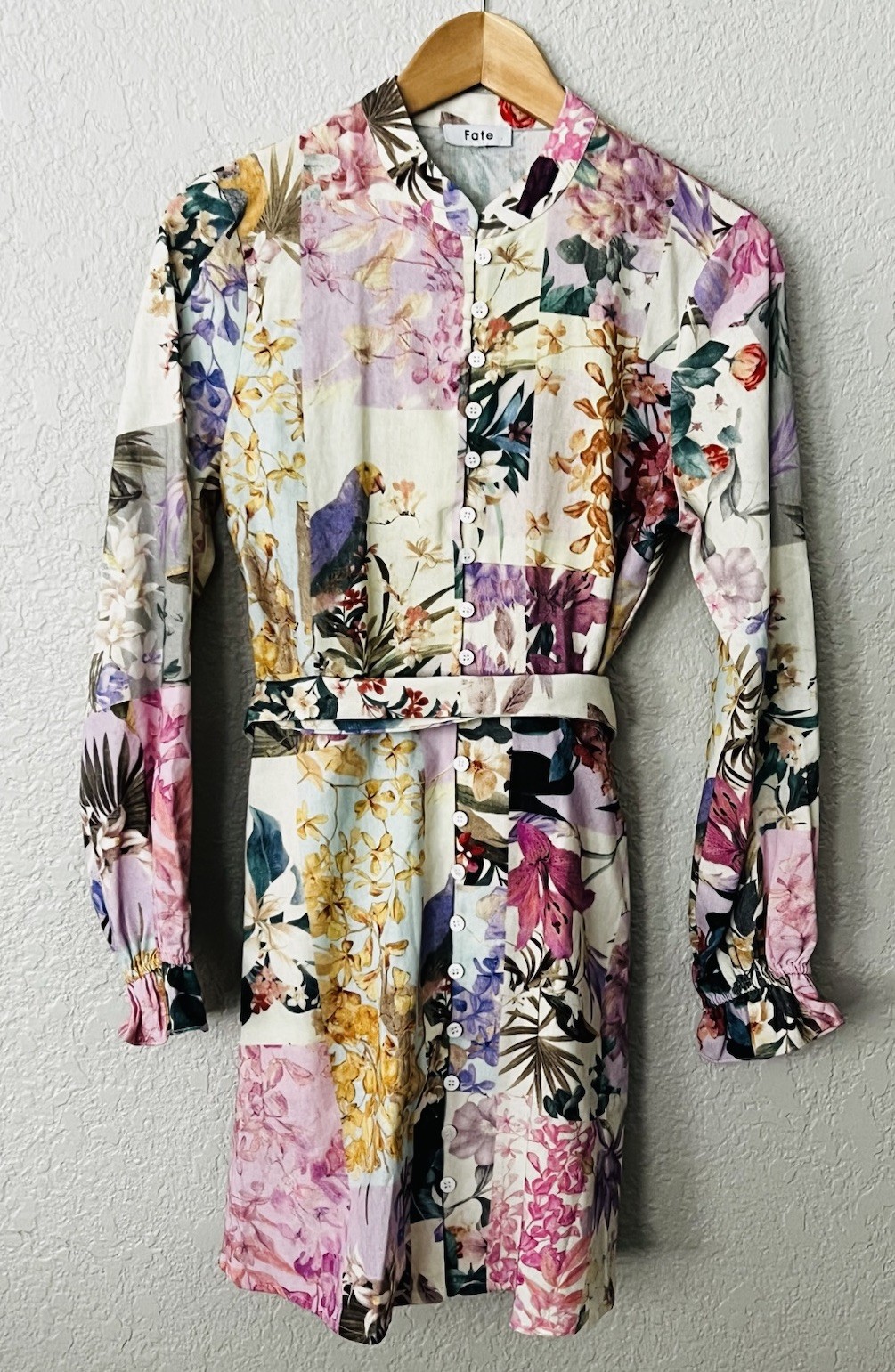 Fate Dress Small Purple Mini Floral Birds Parrot Pastel Button Belted Pockets
